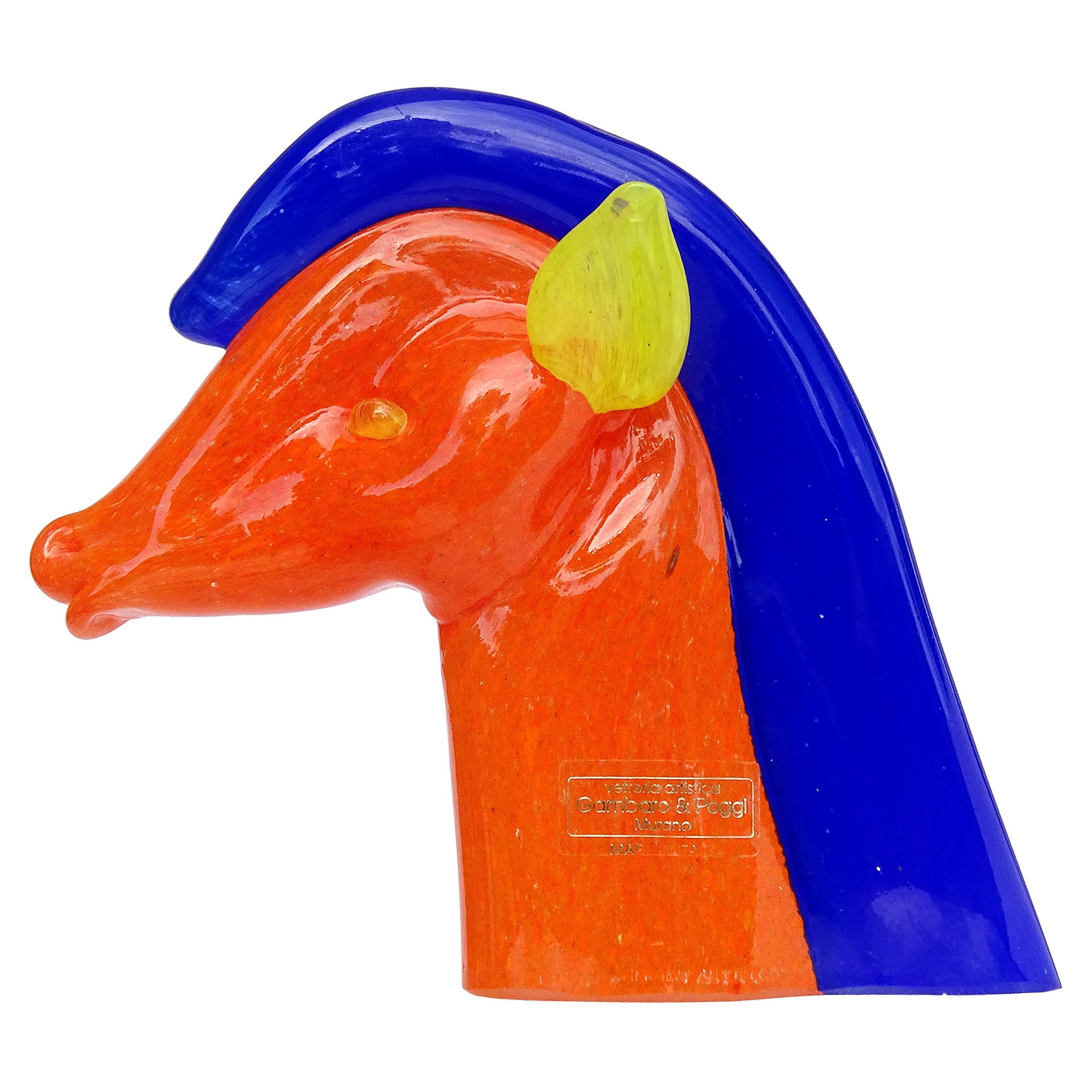 Sculpture de cheval en verre d
art italien de Murano Gambaro Poggi orange, bleu et jaune en vente