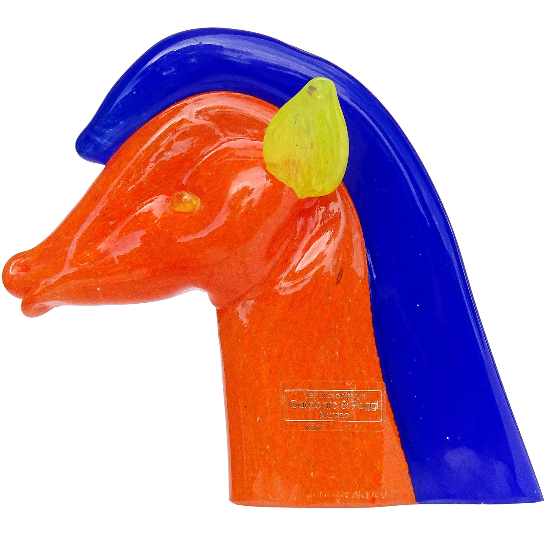 Sculpture de cheval en verre d'art italien de Murano Gambaro Poggi orange, bleu et jaune en vente