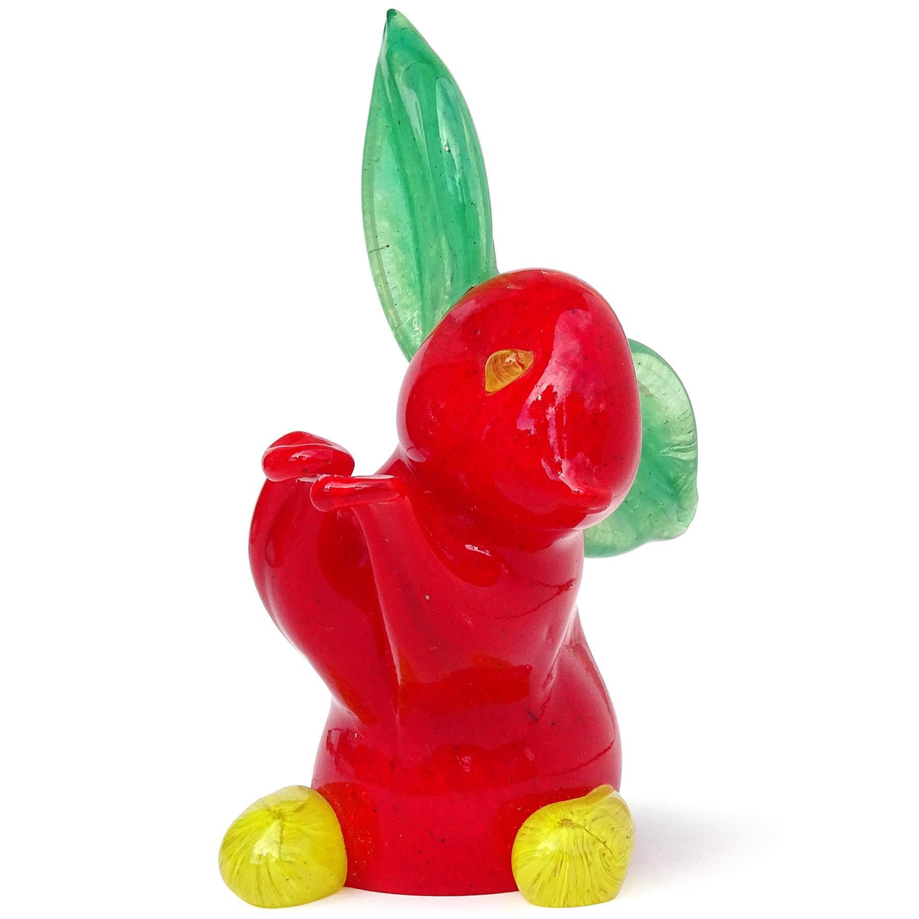 Beautiful vintage Murano hand red, green and yellow Italian art glass bunny rabbit figurine / sculpture. The piece is documented to the Gambaro & Poggi company. It is missing the original 