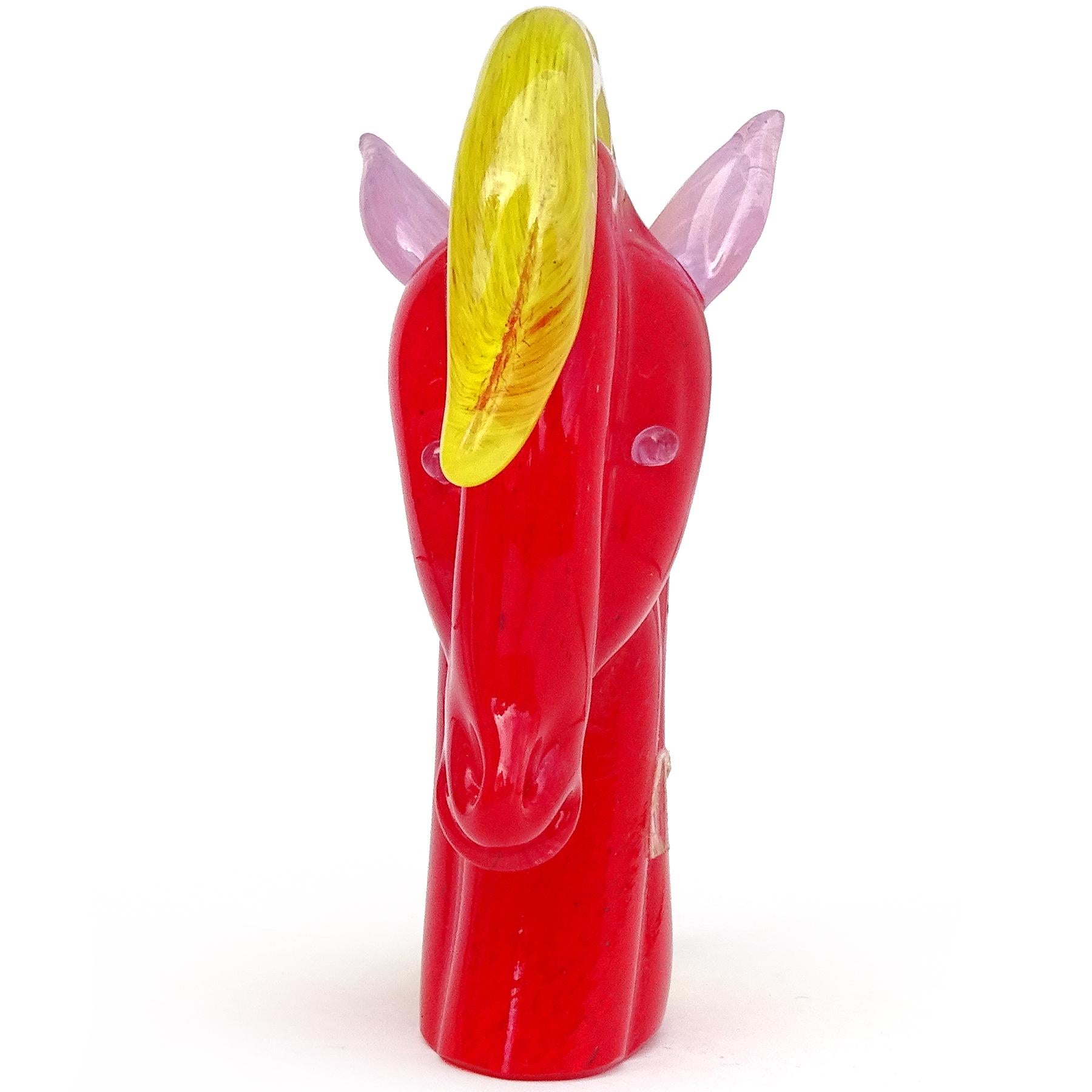 Beautiful vintage Murano hand blown bright red, yellow and lavender Italian art glass horse head figurine / sculpture. The piece is documented to the Gambaro & Poggi company, with an original (but worn at the edges) 