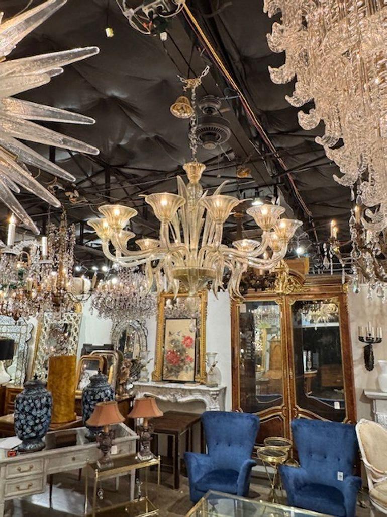 Lampadario a foglia in vetro di Murano a 12 luci in oro chiaro. Il lampadario è stato ricablato professionalmente e viene fornito con catena e baldacchino coordinati. È pronto per essere appeso! 39h x 44w