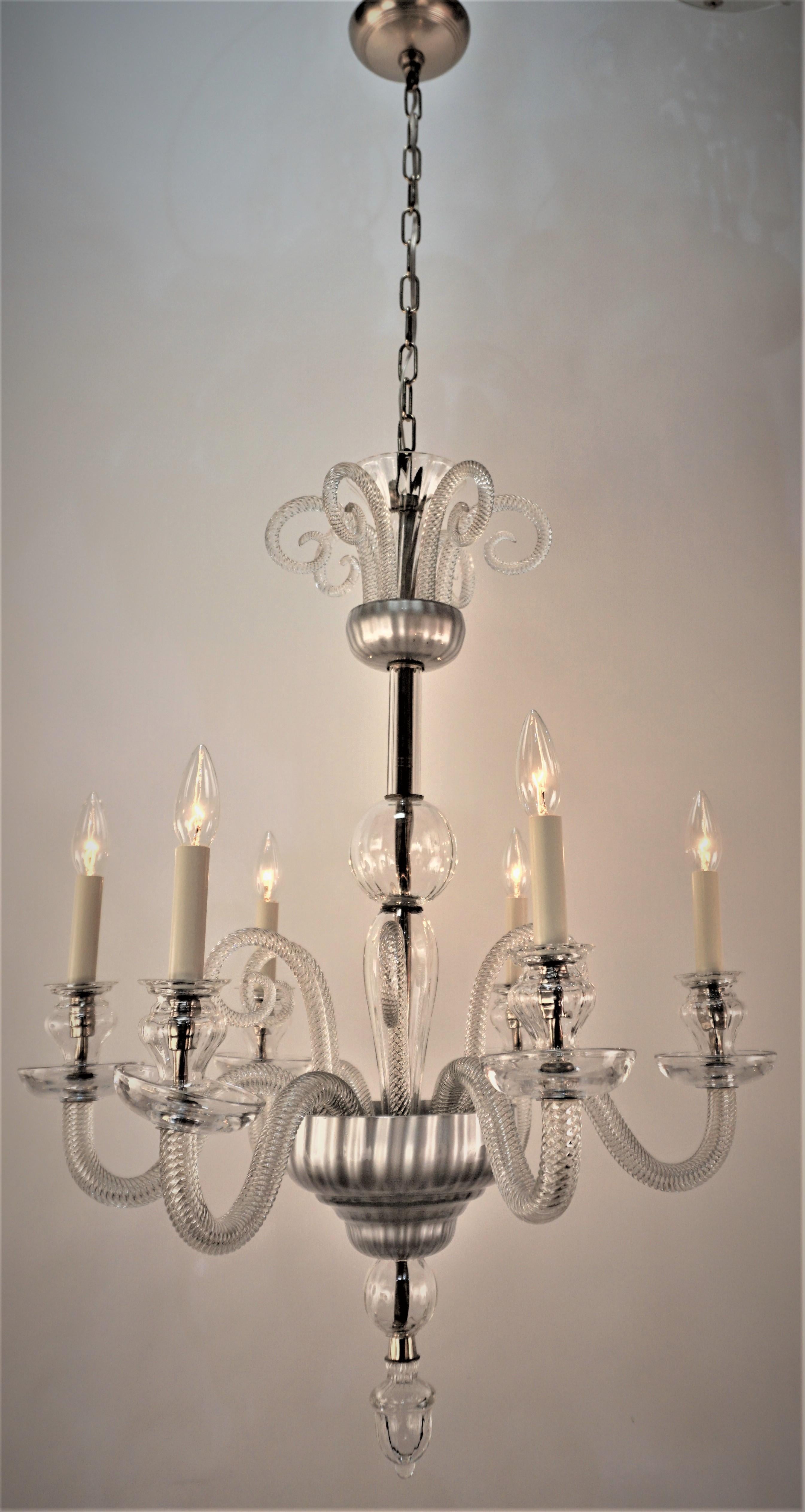 Italian hand blown clear glass five arm chandelier. 
Minimum height fully installed 36