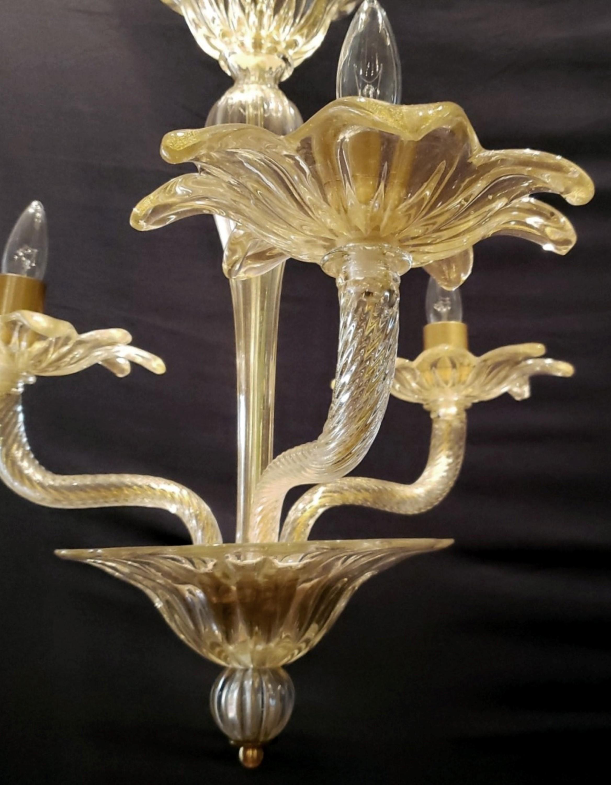 Italian Murano Glass 3 Up J Arms Chandelier with Gold Inflections For Sale