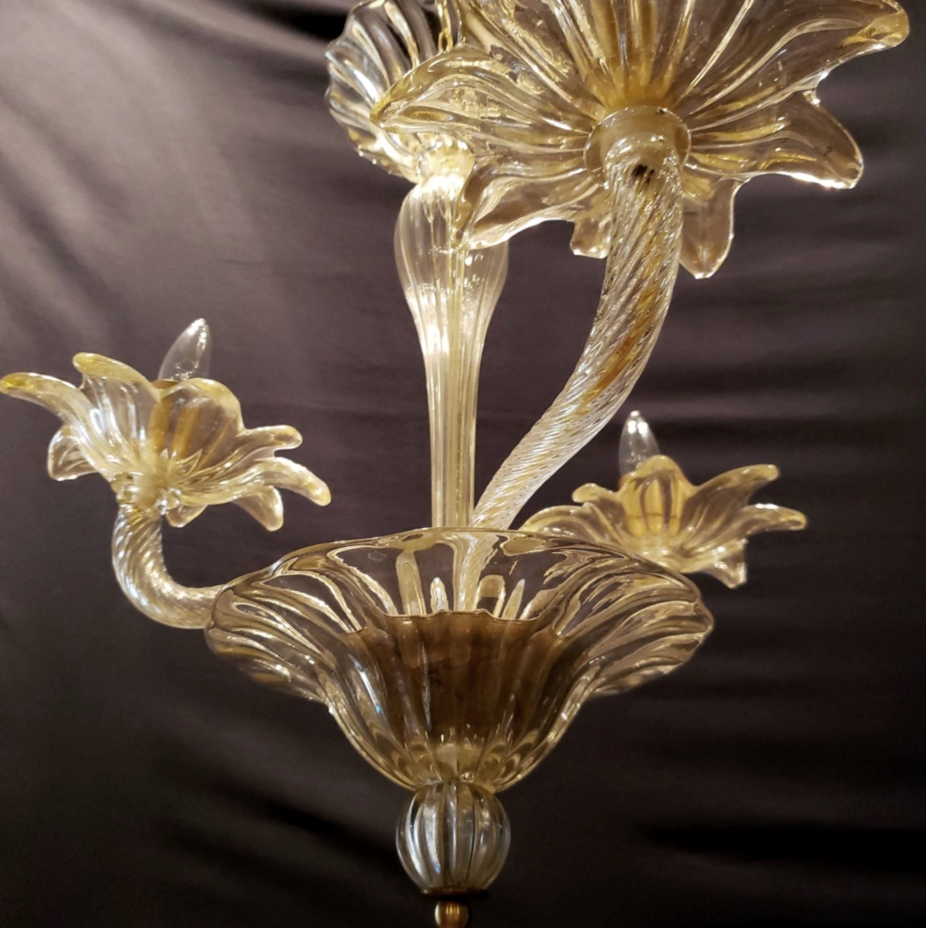 Hand-Crafted Murano Glass 3 Up J Arms Chandelier with Gold Inflections For Sale