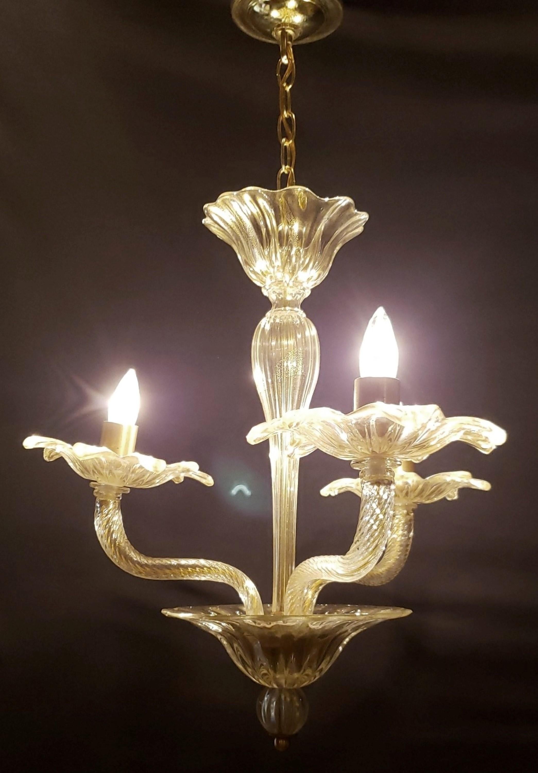 Murano Glass 3 Up J Arms Chandelier with Gold Inflections In Good Condition For Sale In New York, NY