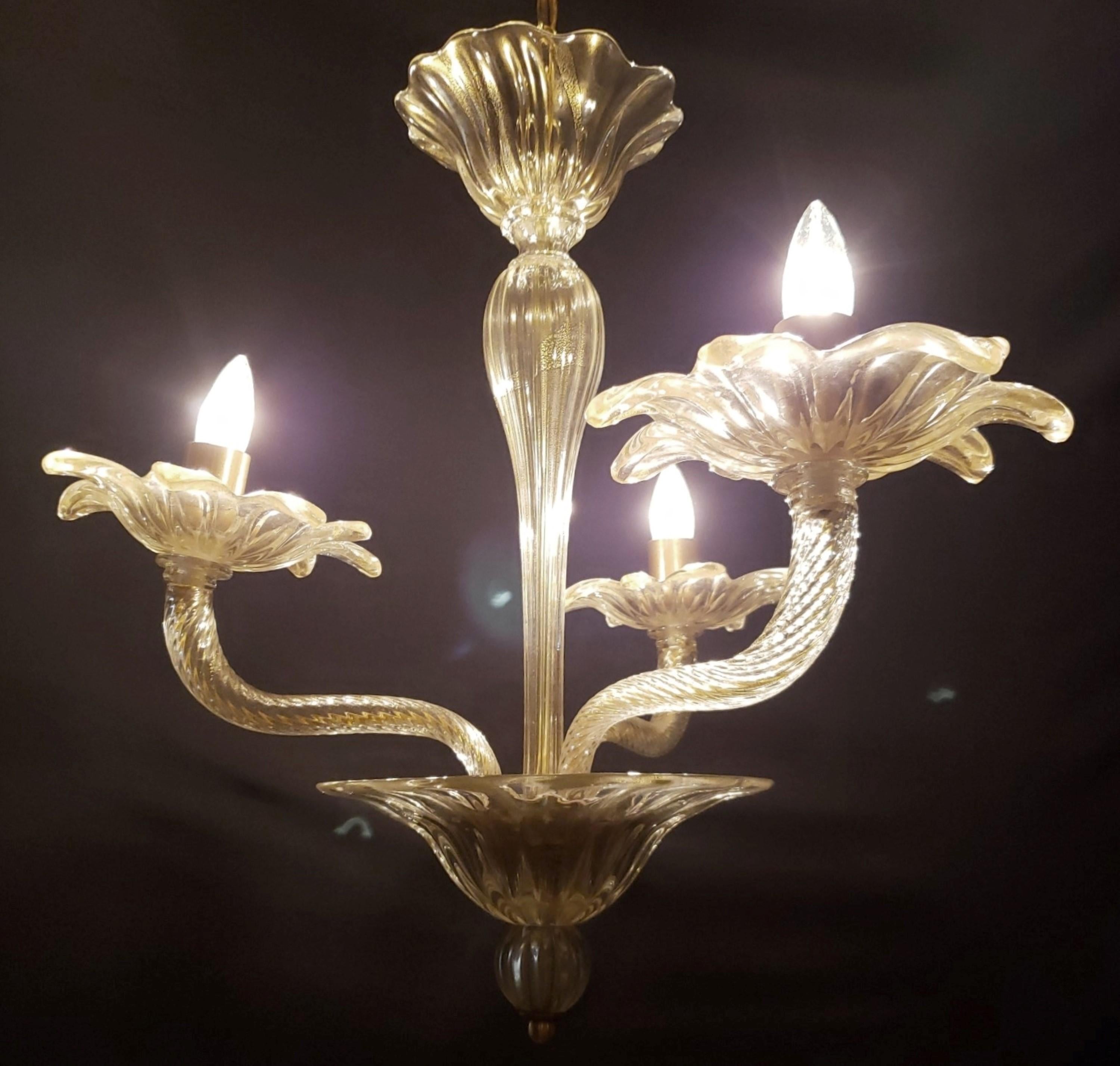 20th Century Murano Glass 3 Up J Arms Chandelier with Gold Inflections For Sale