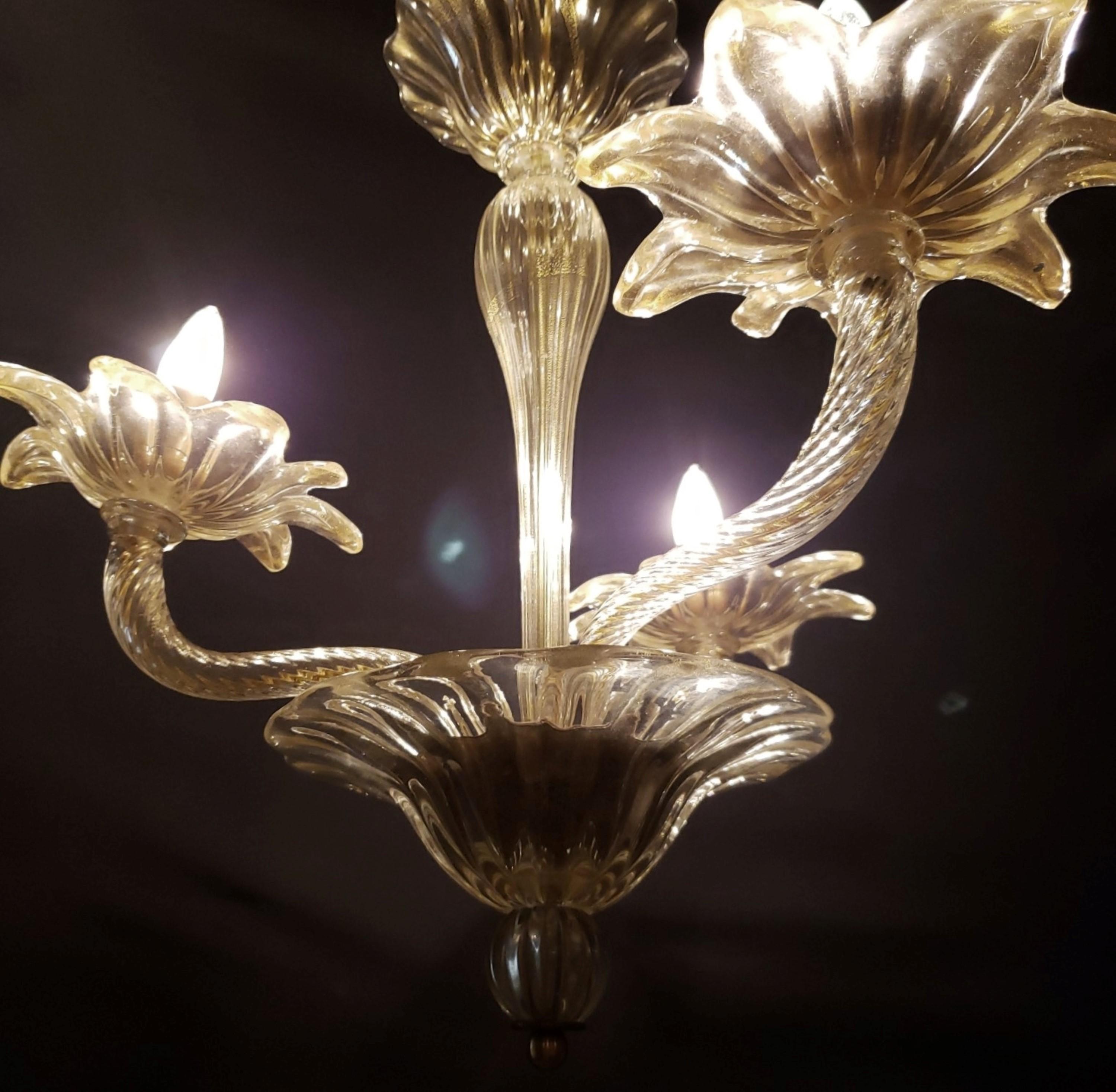Metal Murano Glass 3 Up J Arms Chandelier with Gold Inflections For Sale