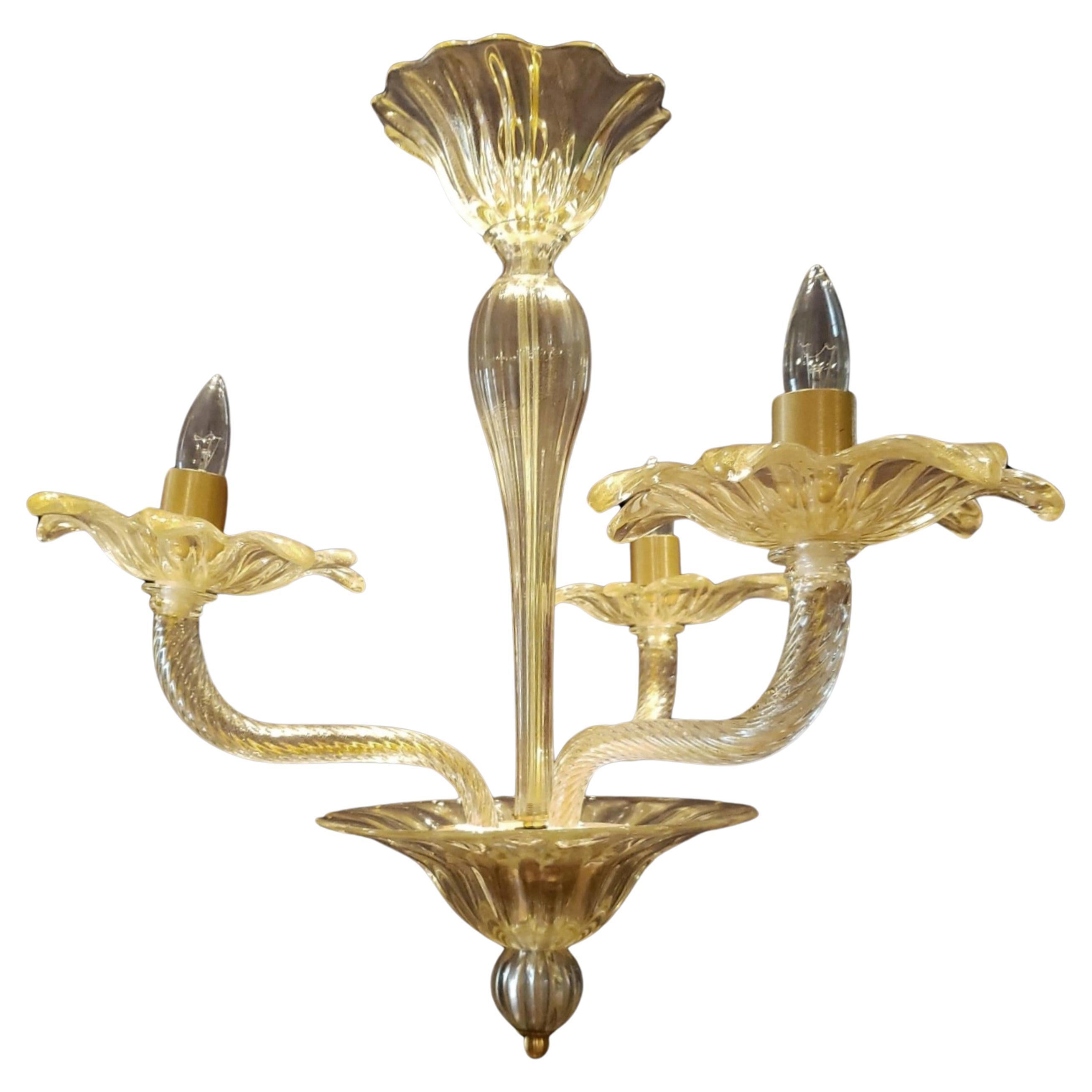 Murano Glass 3 Up J Arms Chandelier with Gold Inflections For Sale