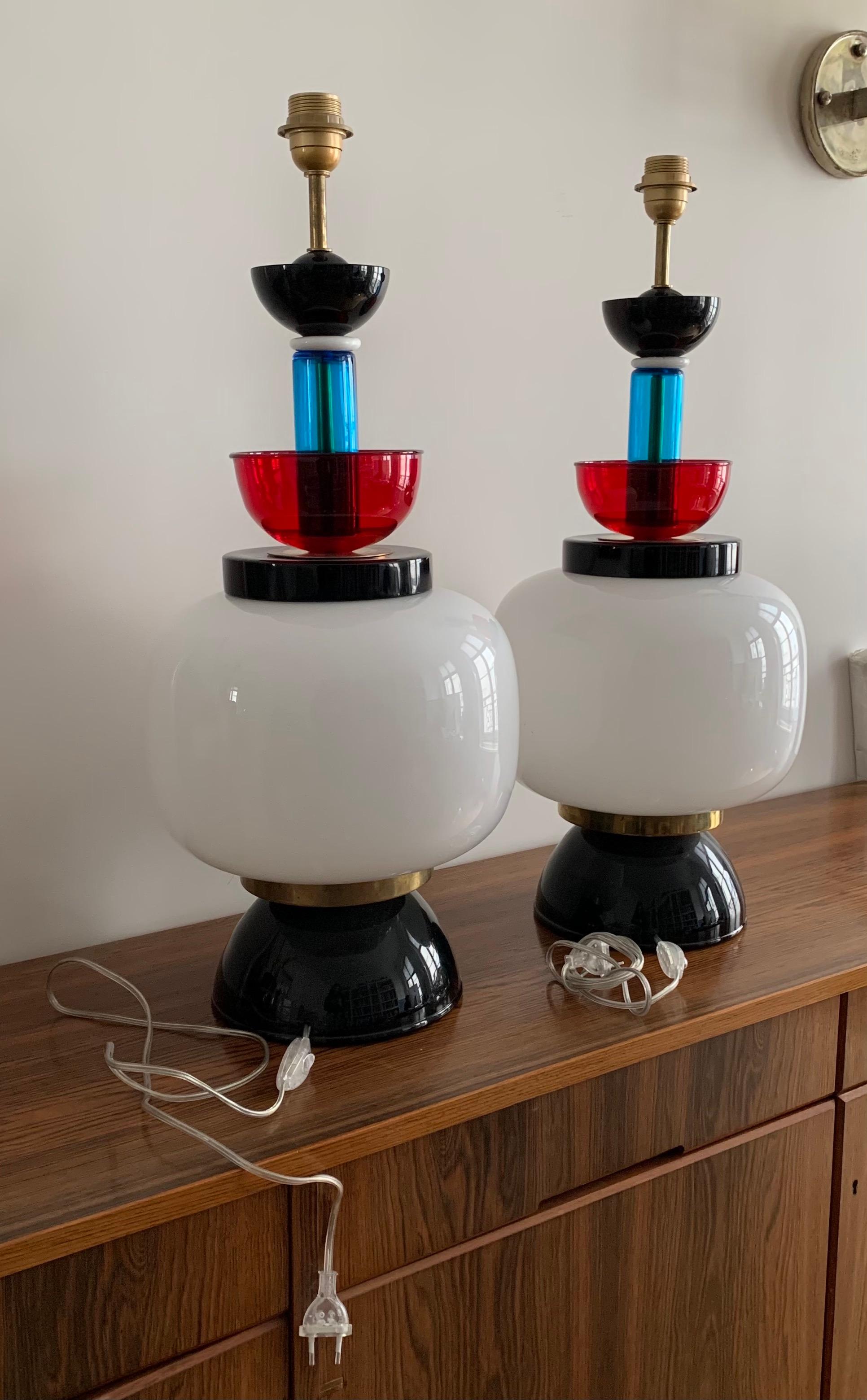 Pair of Table Lamps  Ettore Sottsass Style in glass Italy Murano 1970 For Sale 4