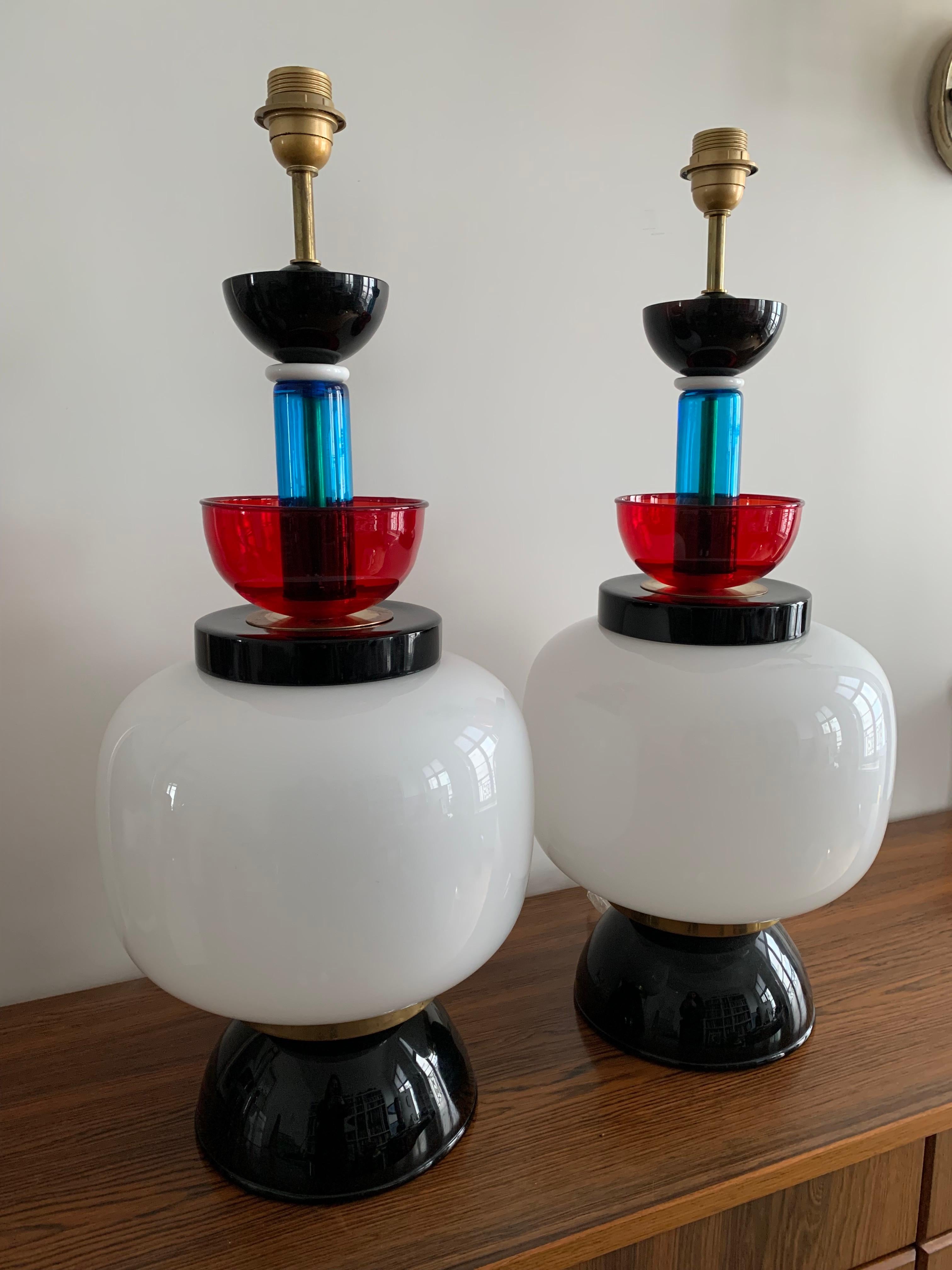 Pair of Table Lamps  Ettore Sottsass Style in glass Italy Murano 1970 For Sale 5