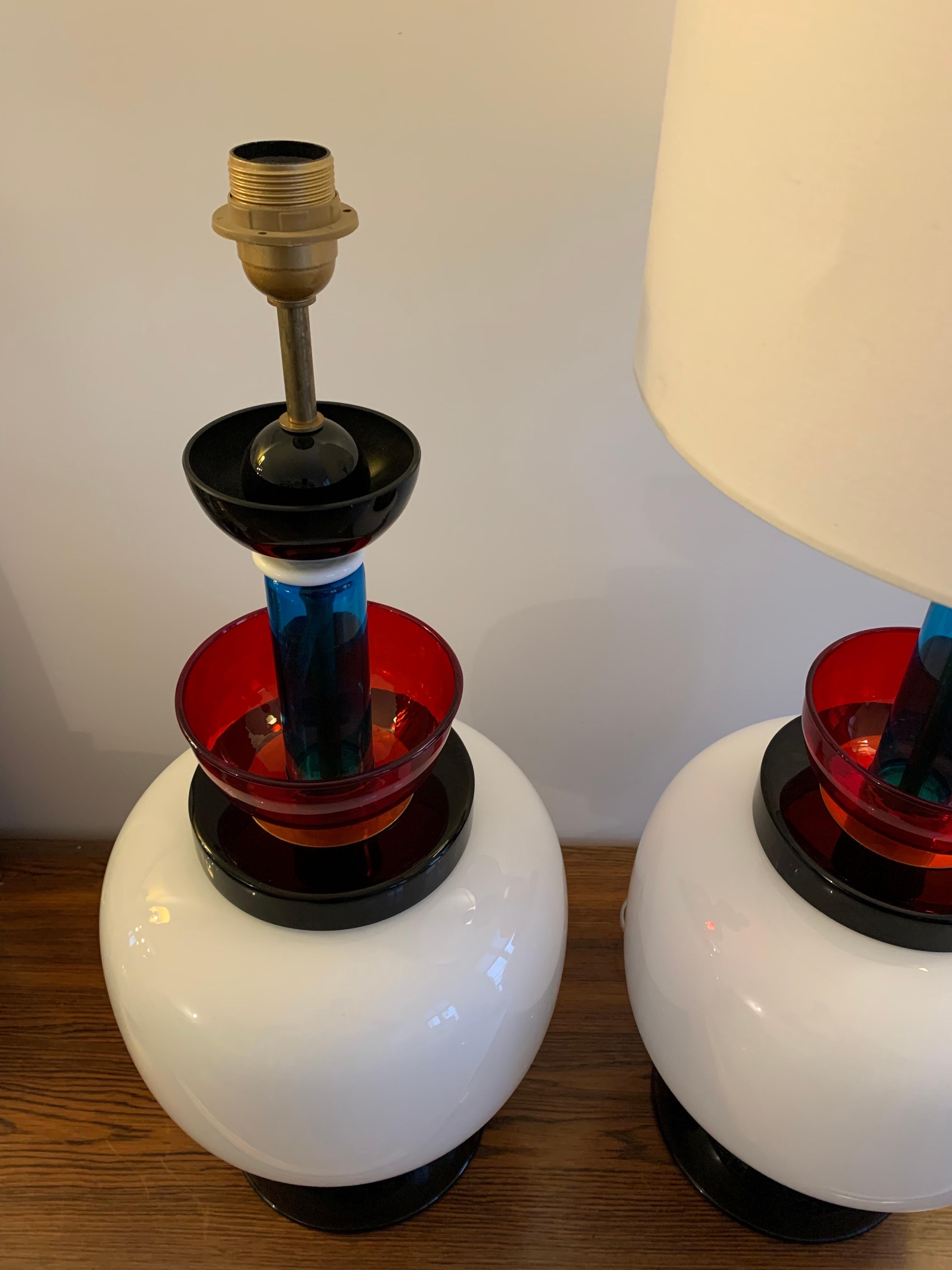 Italian Pair of Table Lamps  Ettore Sottsass Style in glass Italy Murano 1970 For Sale