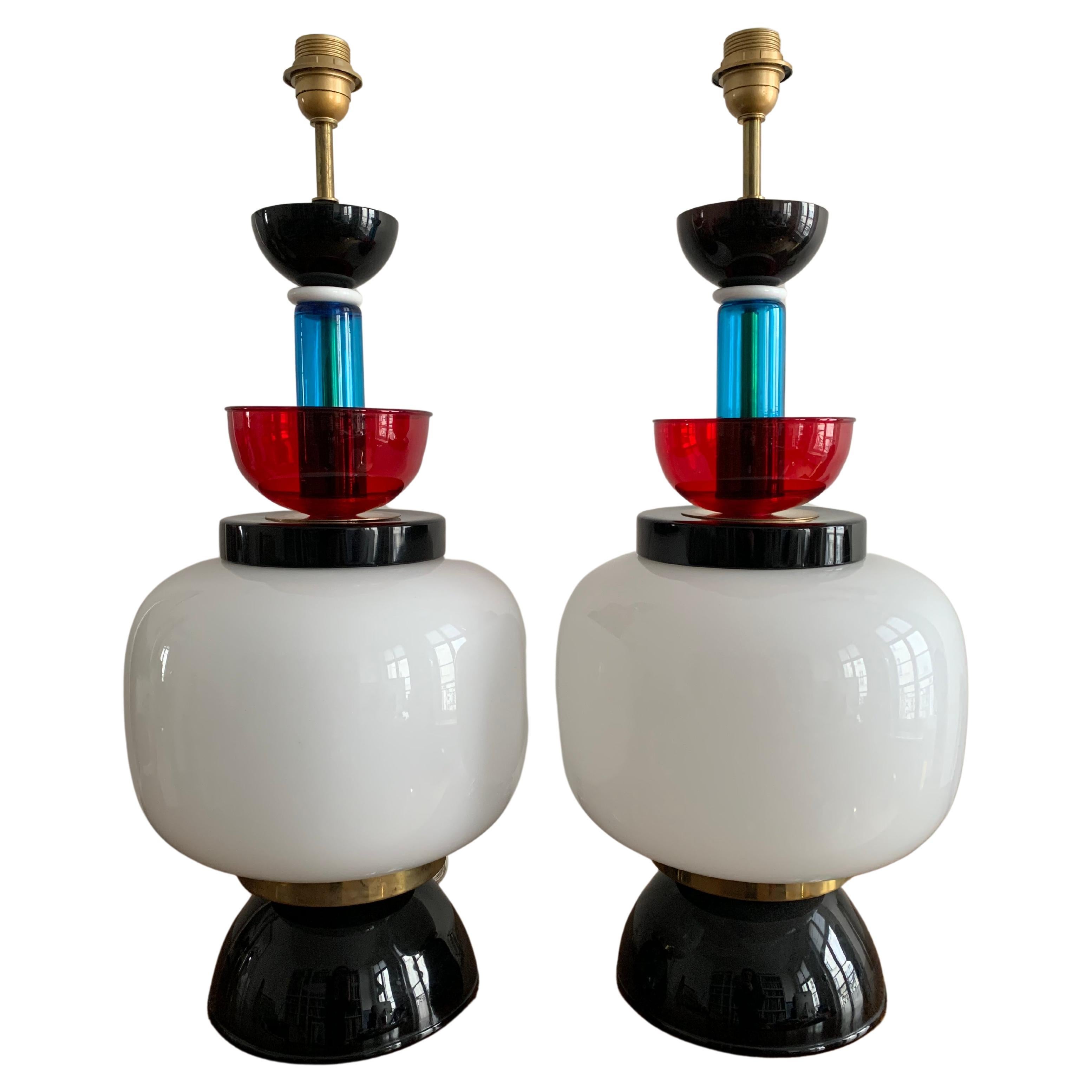 Pair of Table Lamps  Ettore Sottsass Style in glass Italy Murano 1970 For Sale