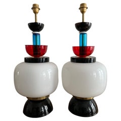 Vintage Pair of Table Lamps  Ettore Sottsass Style in glass Italy Murano 1970