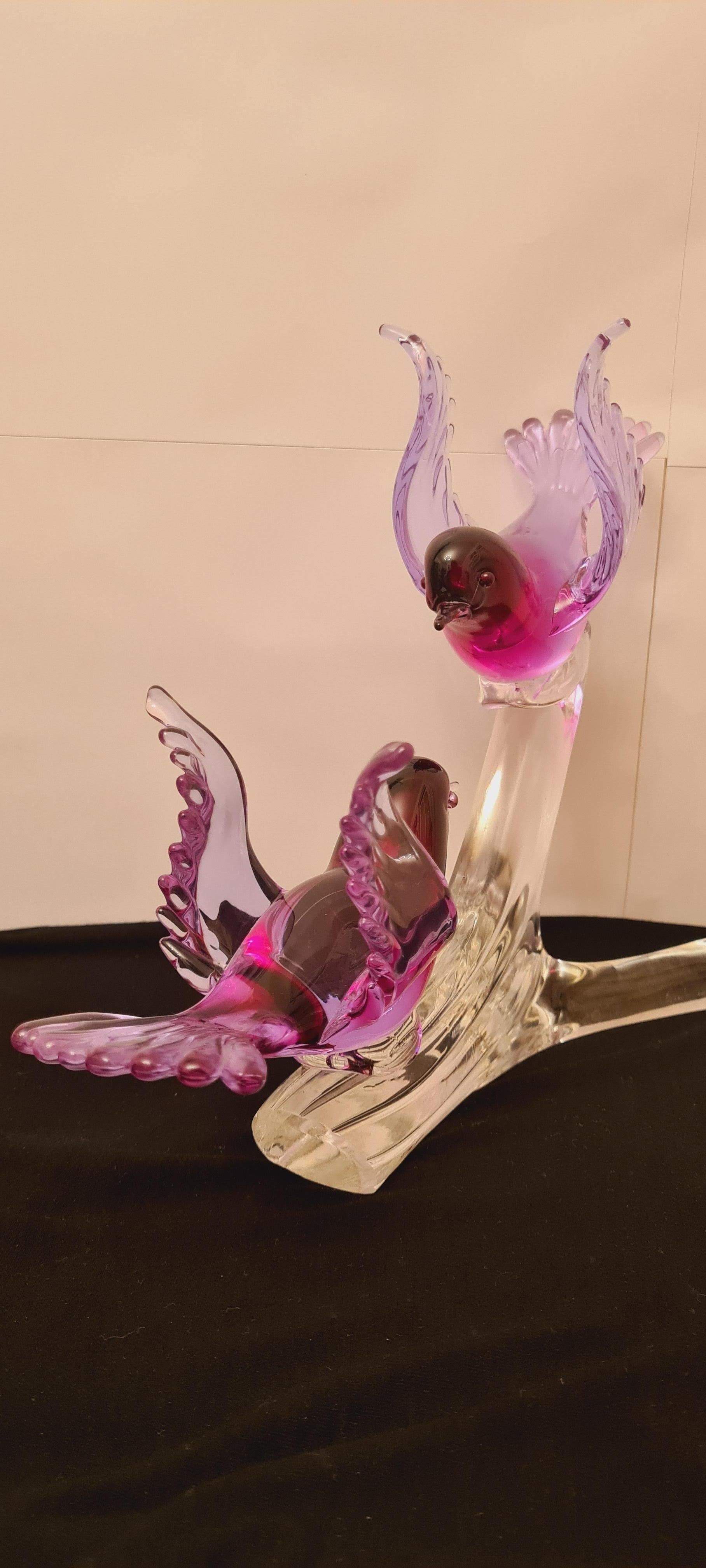 Murano Glass Alexandrite Neodymium Birds on The Branch Signed by Renato Anatra In Excellent Condition In Grantham, GB