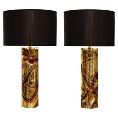 Pair of Modern Murano Glass Table Lamps, Amber & Gold, Italy, 2024