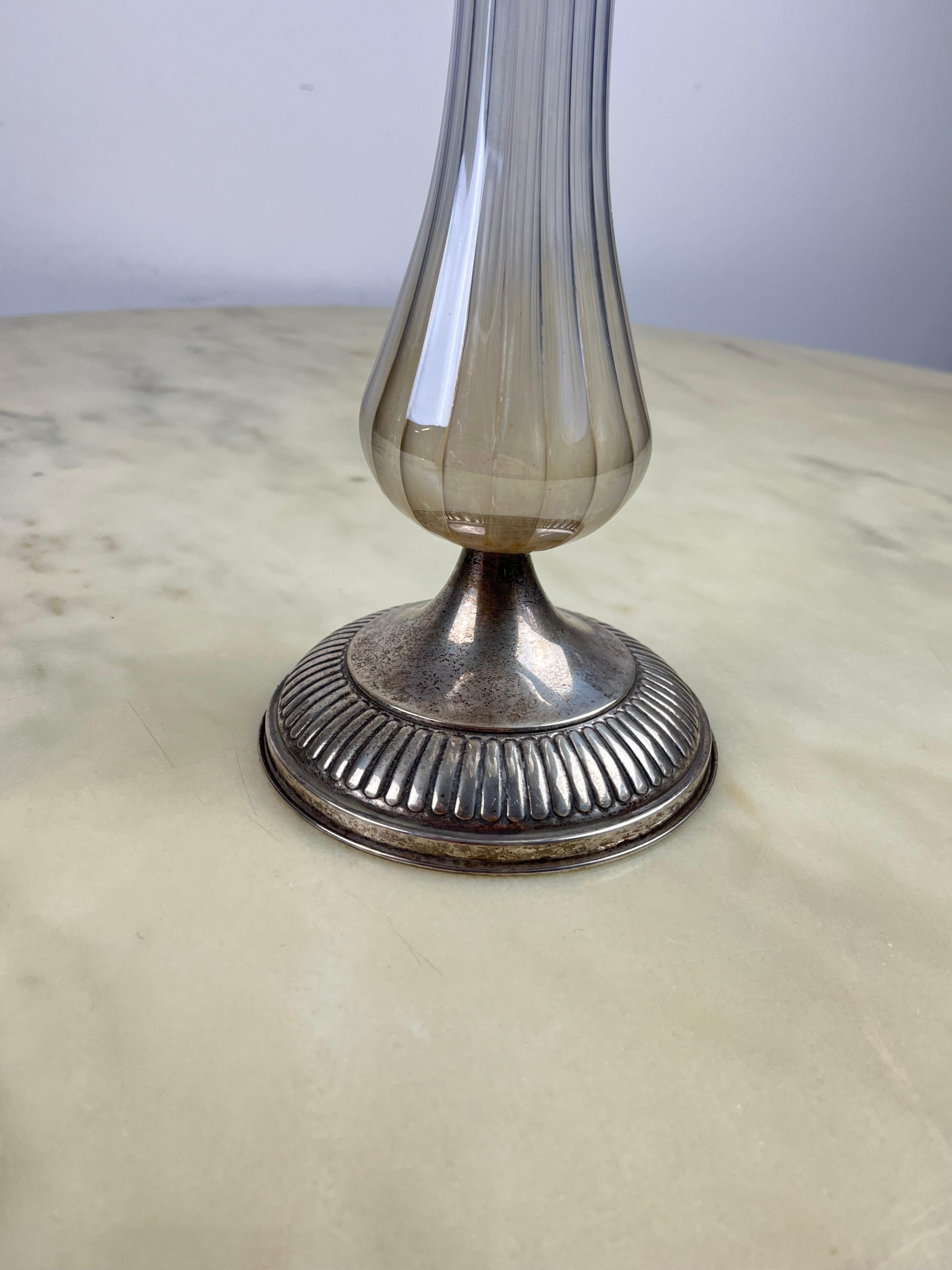 Italian Murano Glass and 925 Silver Vase, Italy, 1960s For Sale
