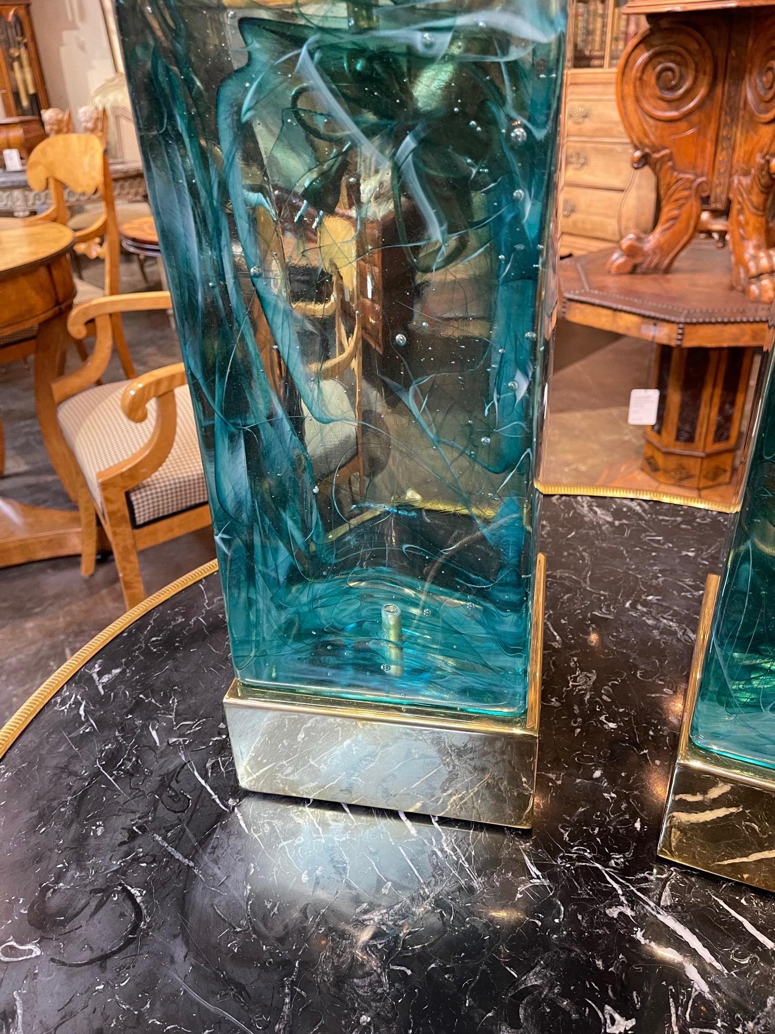 Murano Glass and Brass Block Form Lamps In Good Condition In Dallas, TX