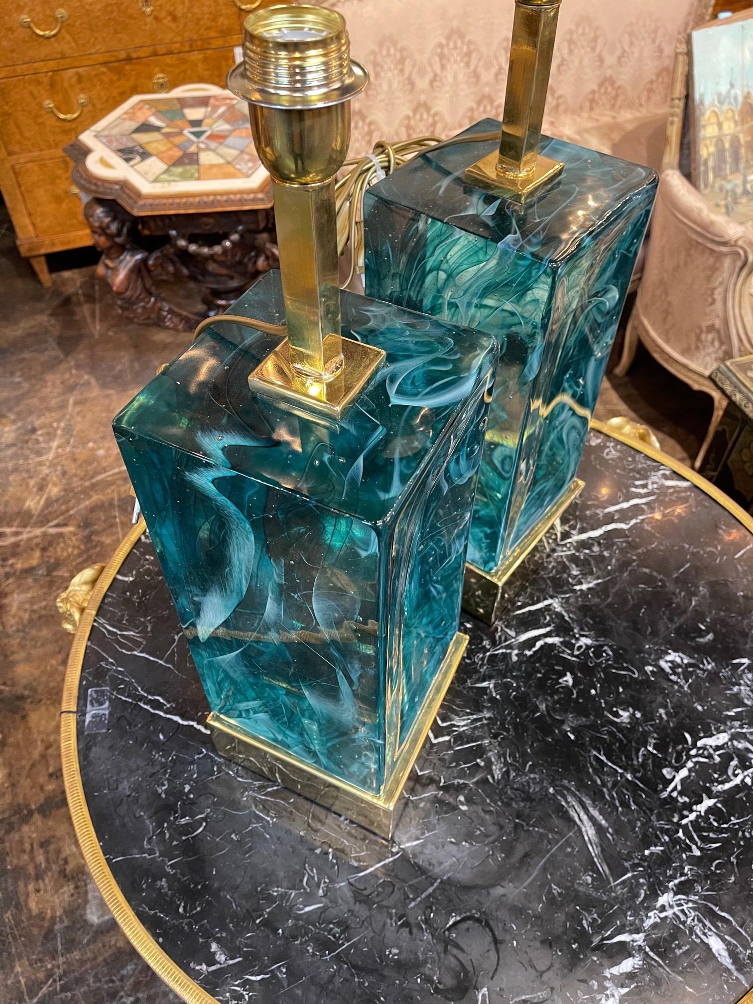 Contemporary Murano Glass and Brass Block Form Lamps