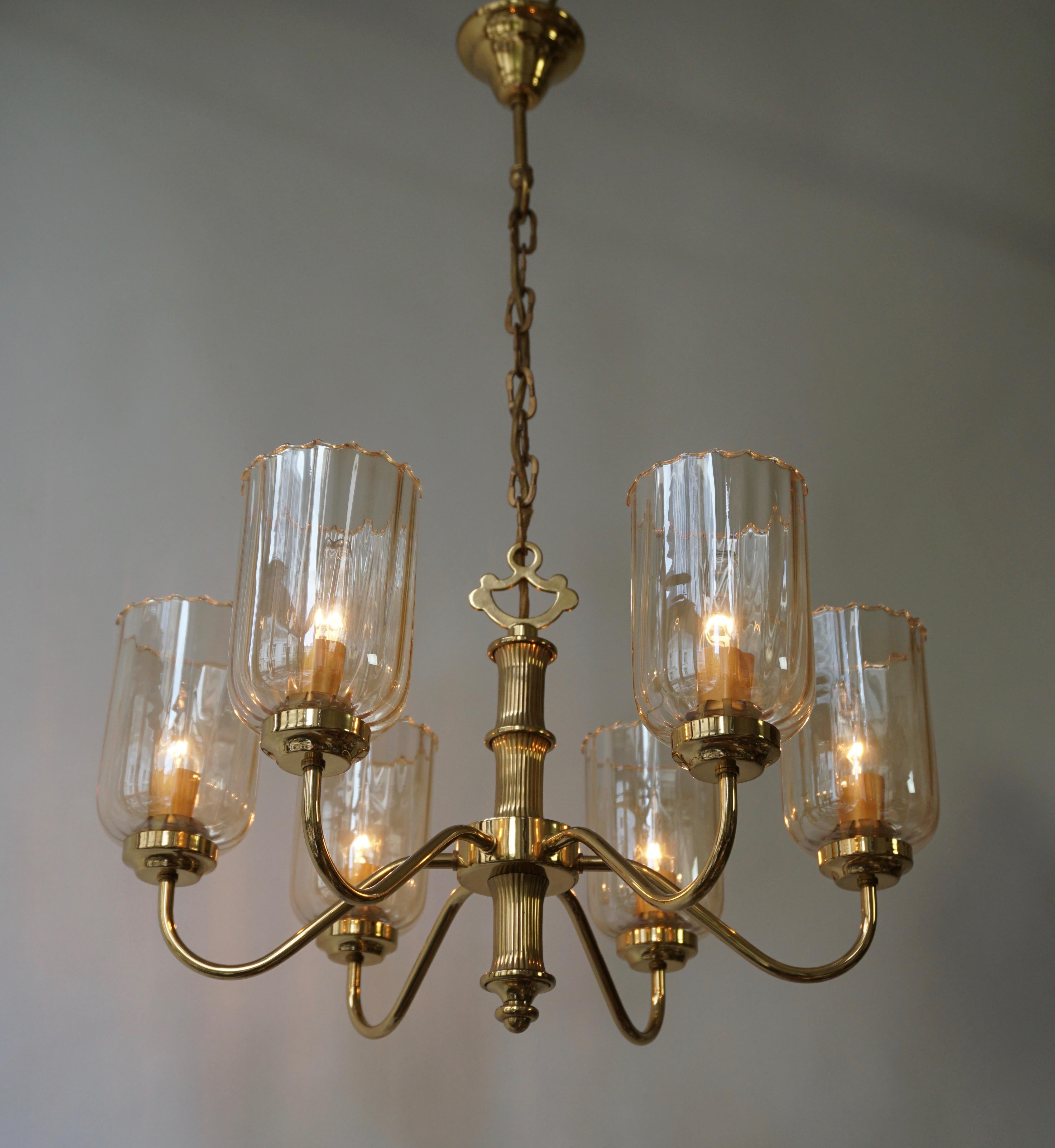 Hollywood Regency Murano Glass and Brass Chandelier 1970s Italy