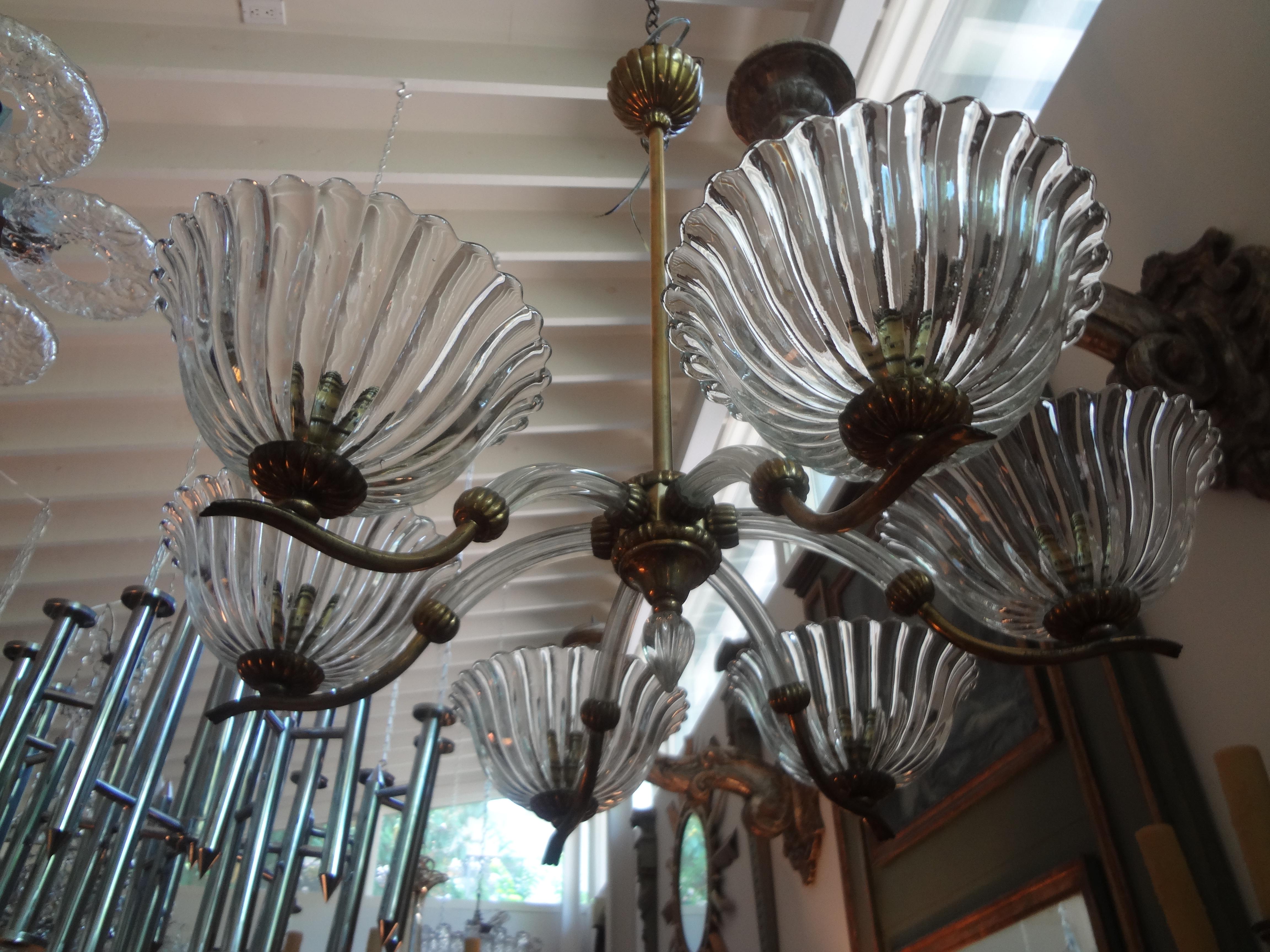 Murano glass and brass chandelier by Ercole Barovier. This stunning 5-light fluted Art Deco/Hollywood Regency Murano glass and brass chandelier designed by Ercole Barovier has been newly wired with new Edison sockets for the American market.