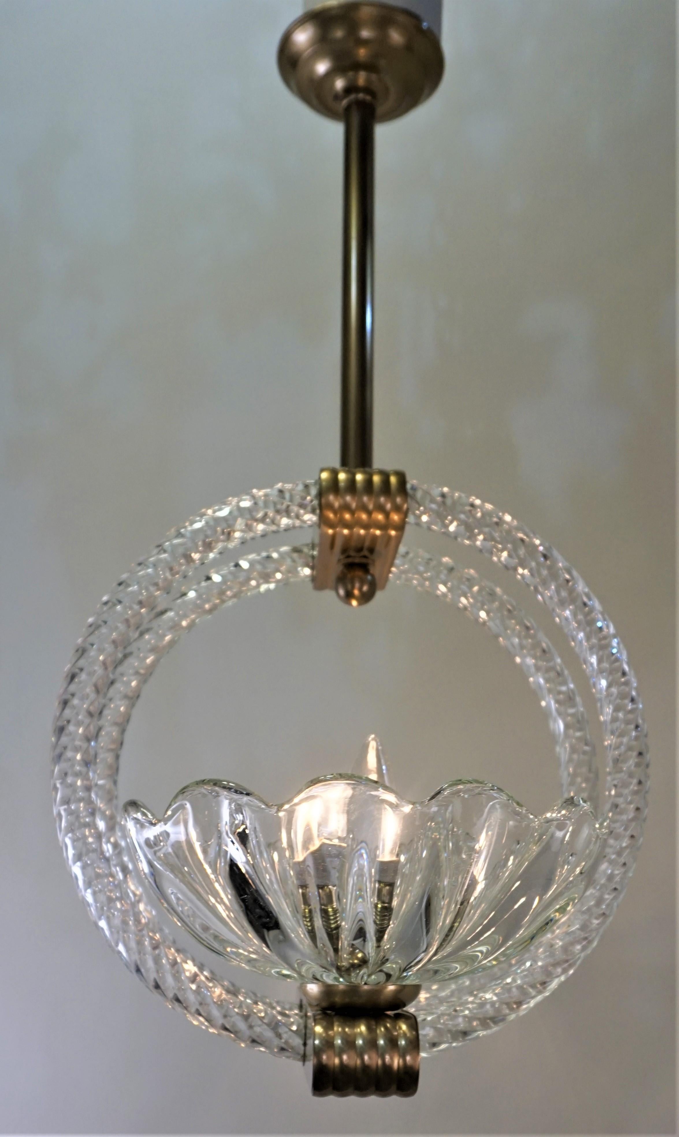 Murano Glass and Brass Chandelier by Ercole Barovier In Good Condition In Fairfax, VA