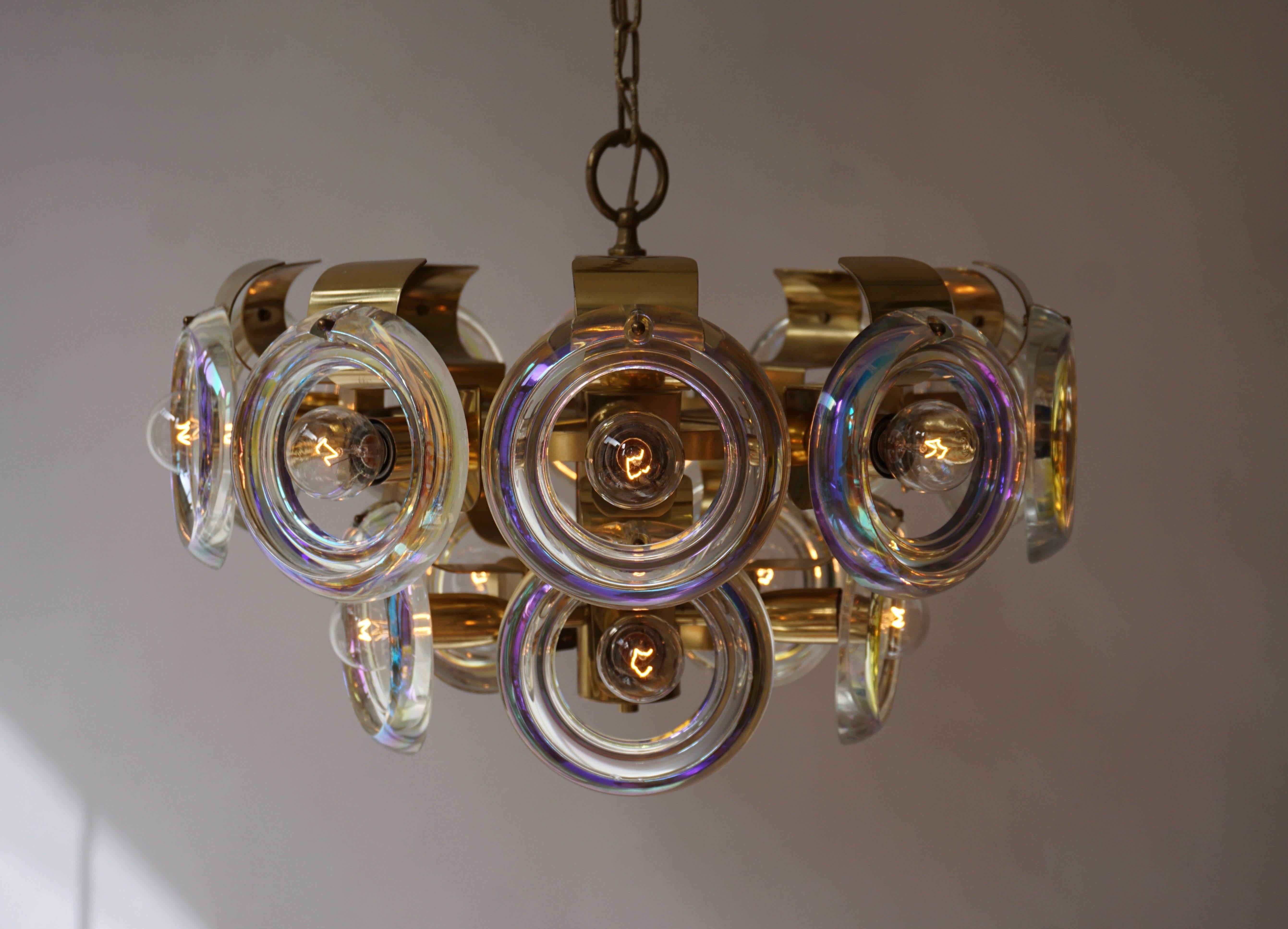 Mid-Century Modern Murano Glass and Brass Chandelier For Sale