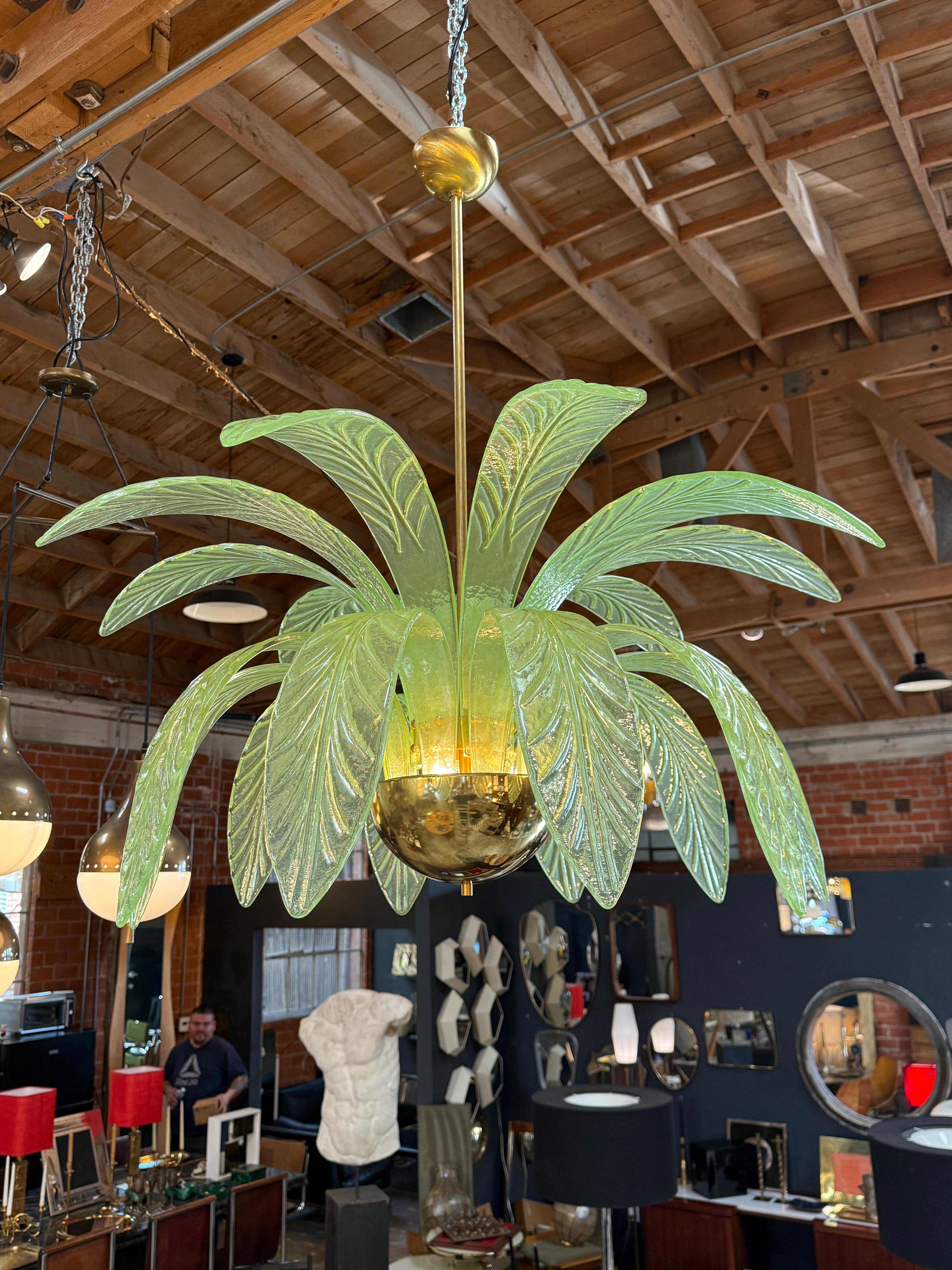 Mid-Century Modern Murano Glass and Brass Chandelier in Green Glass Palm Leaves