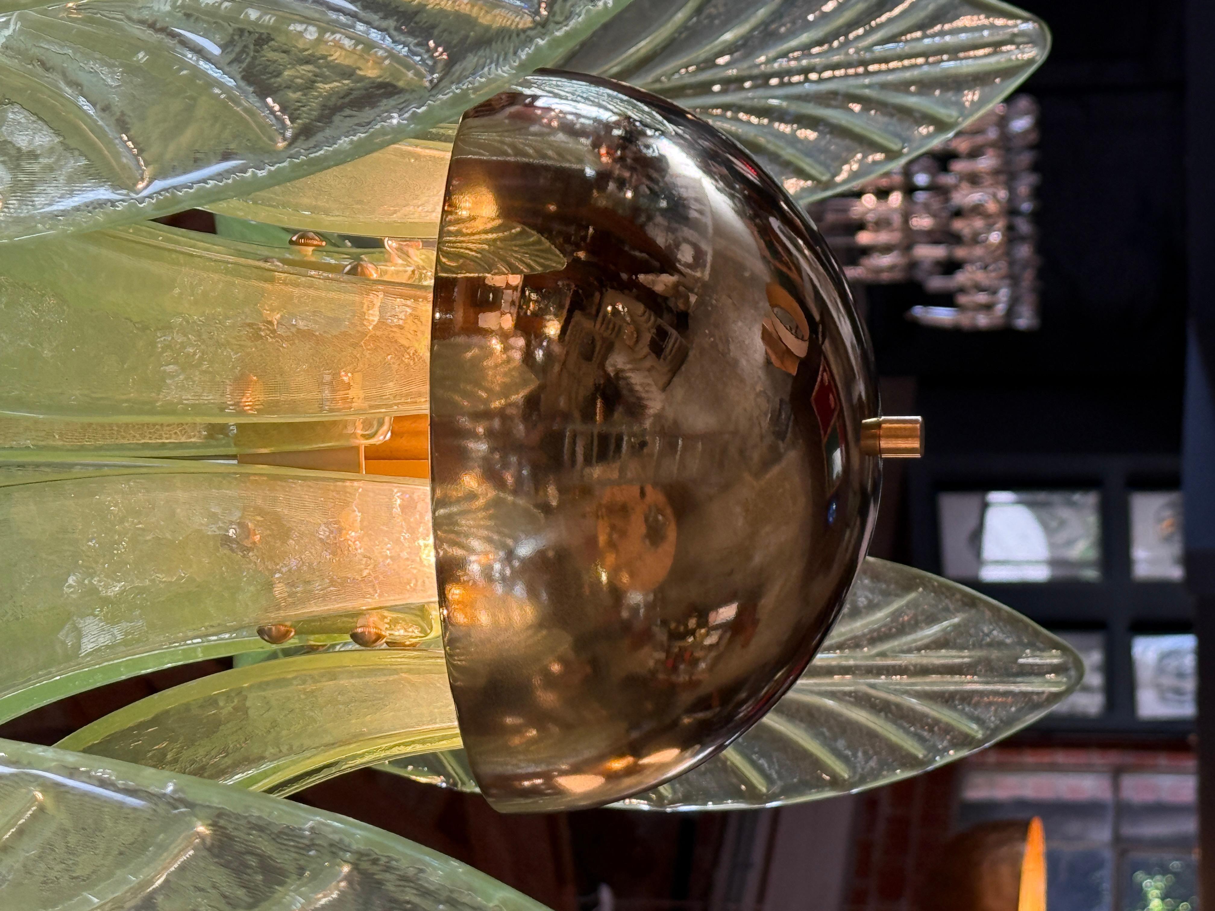 Italian Murano Glass and Brass Chandelier in Green Glass Palm Leaves