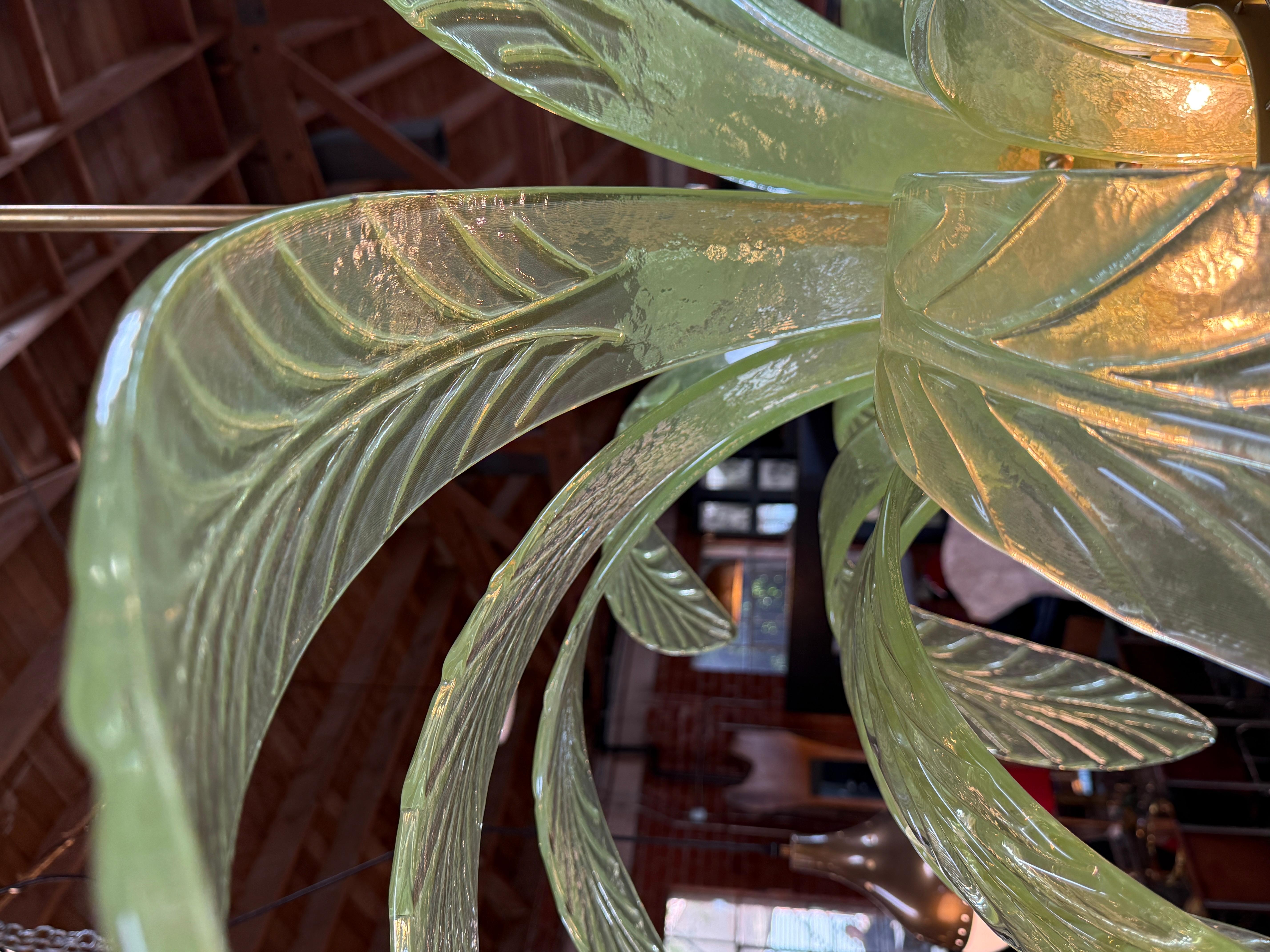 Contemporary Murano Glass and Brass Chandelier in Green Glass Palm Leaves