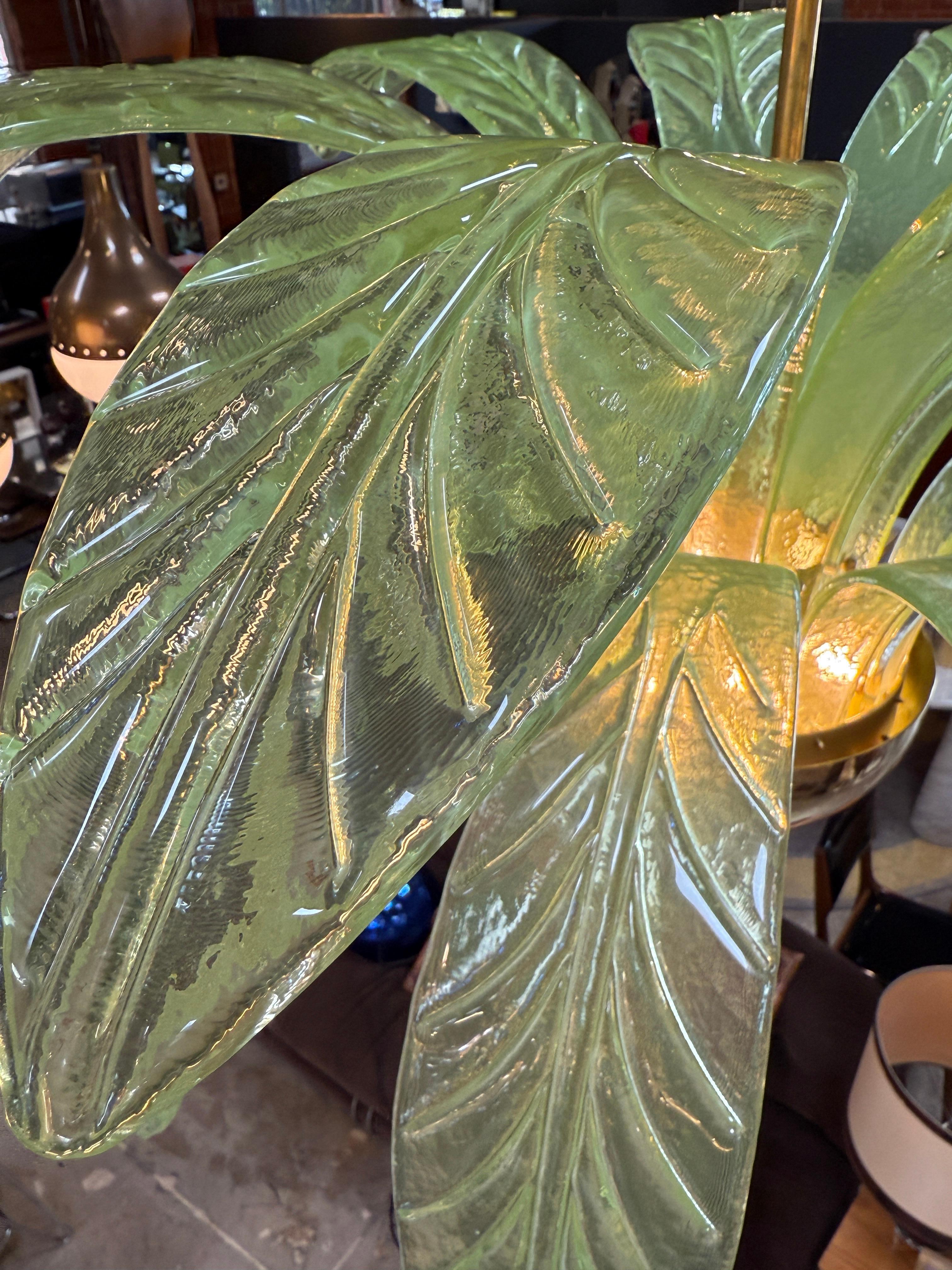 Murano Glass and Brass Chandelier in Green Glass Palm Leaves 1