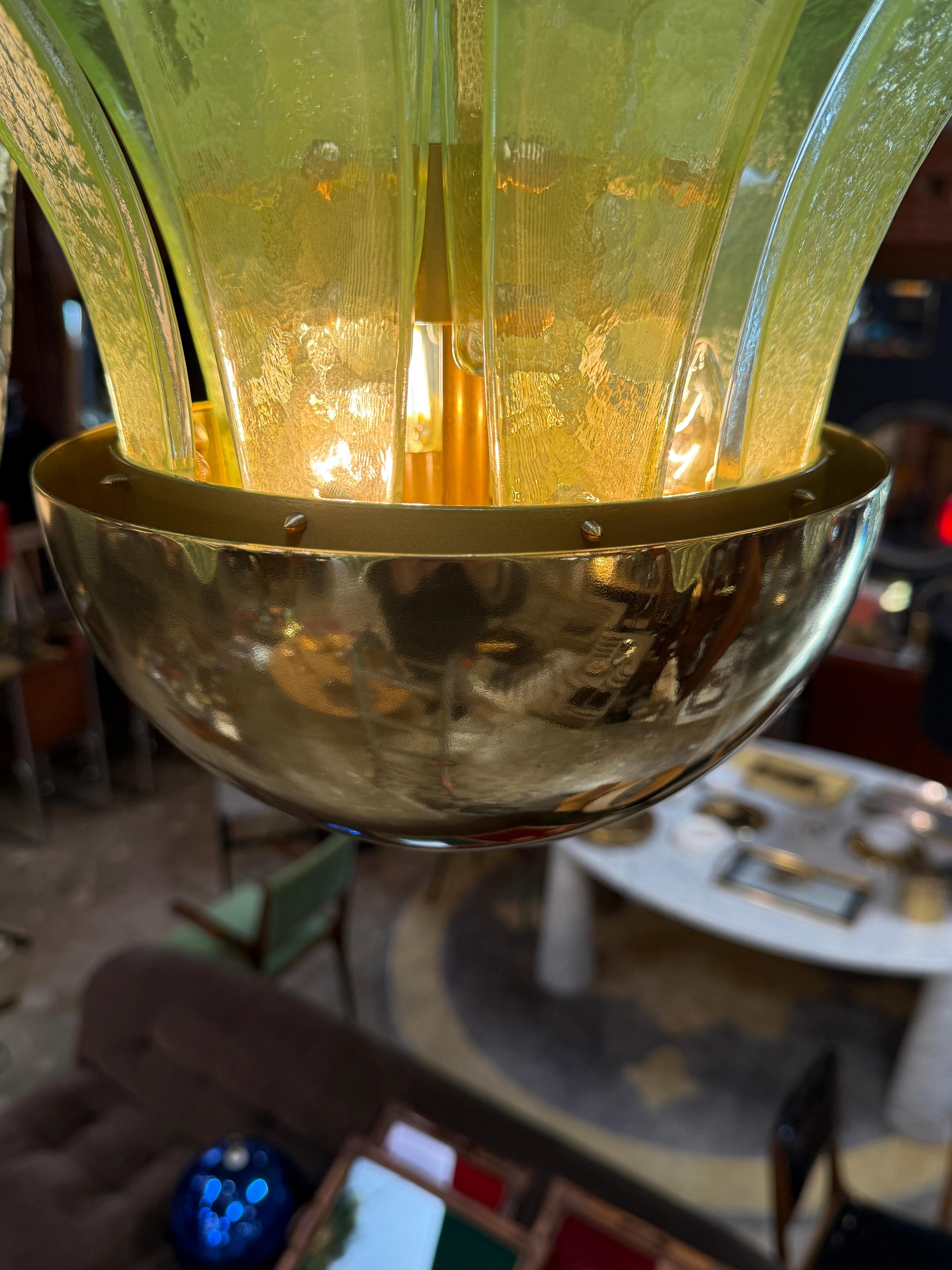 Murano Glass and Brass Chandelier in Green Glass Palm Leaves 3