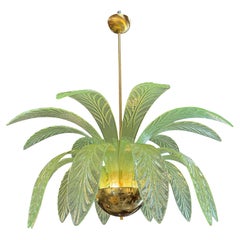 Murano Glass and Brass Chandelier in Green Glass Palm Leaves