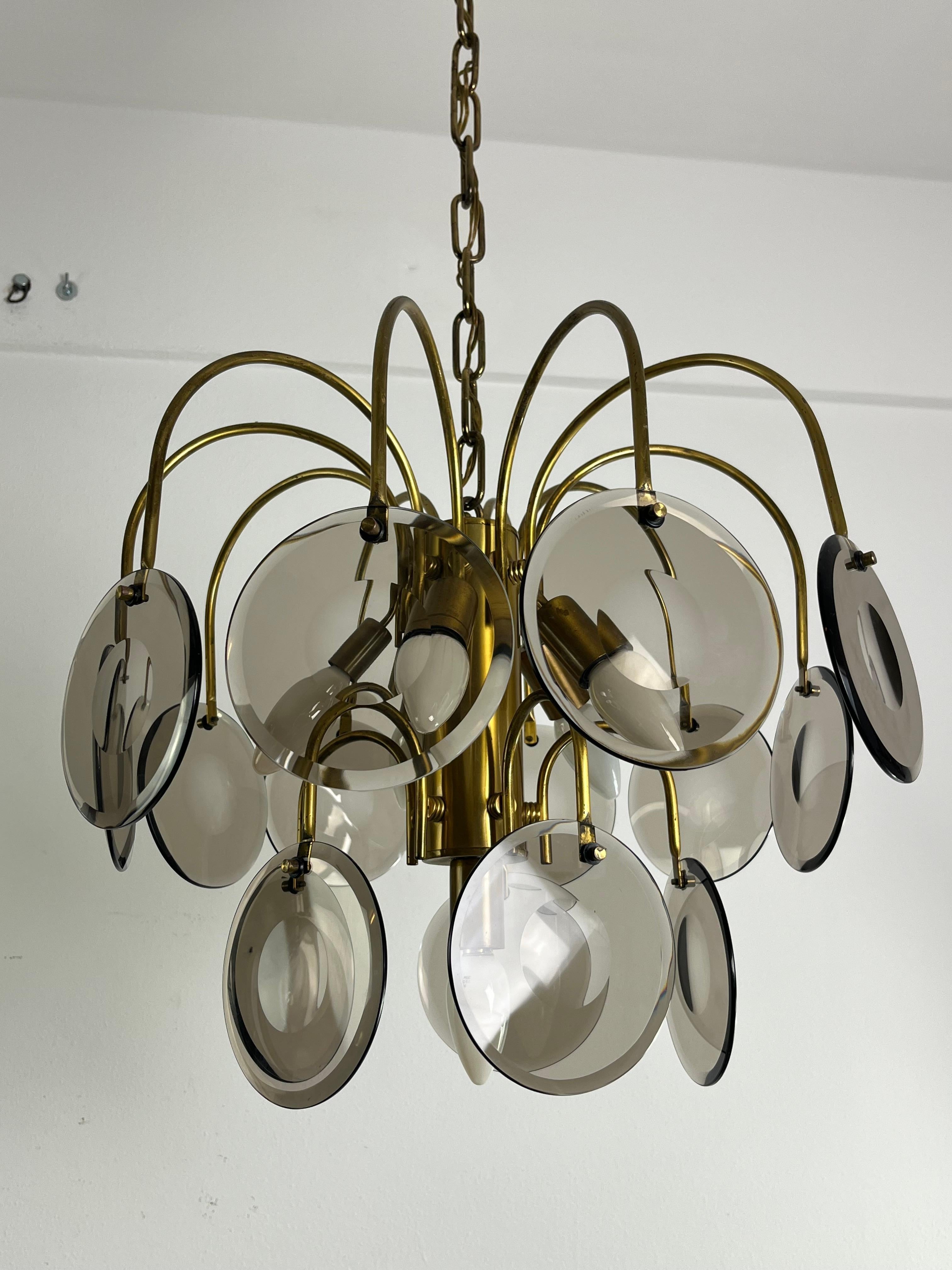 Murano Glass And Brass Chandelier Vistosi design 6-lights 1970s For Sale 6