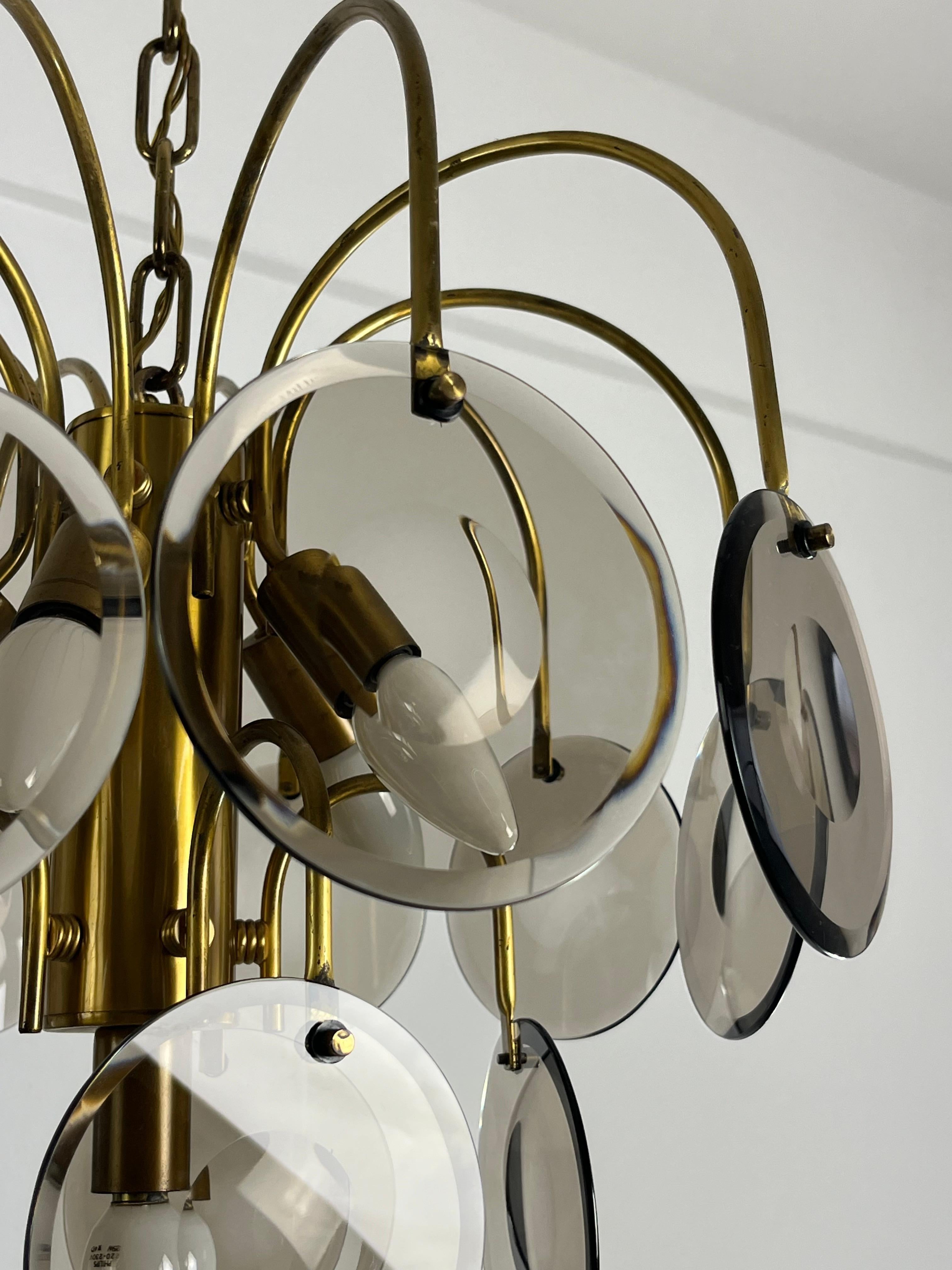 Late 20th Century Murano Glass And Brass Chandelier Vistosi design 6-lights 1970s For Sale