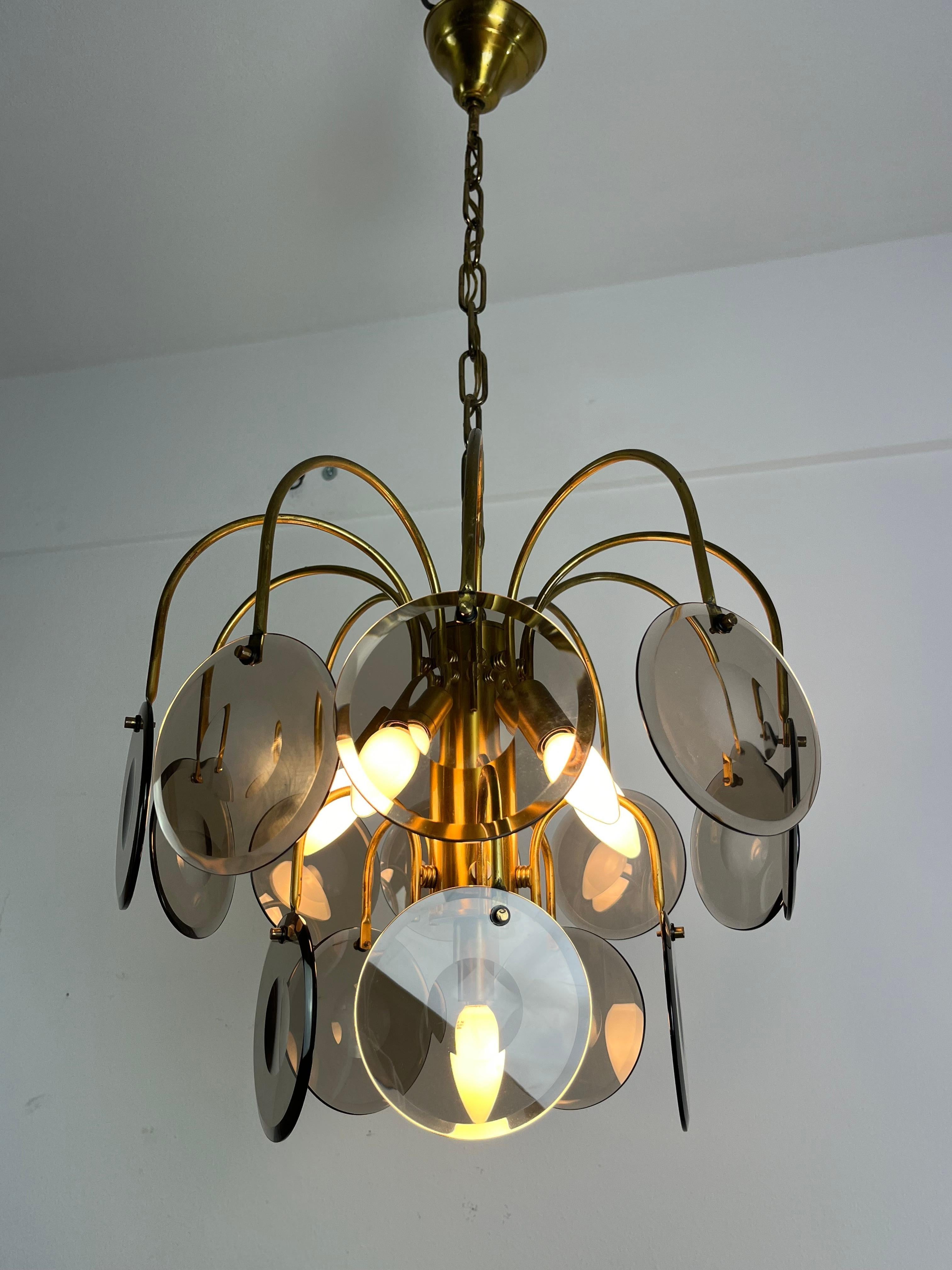 Murano Glass And Brass Chandelier Vistosi design 6-lights 1970s For Sale 4