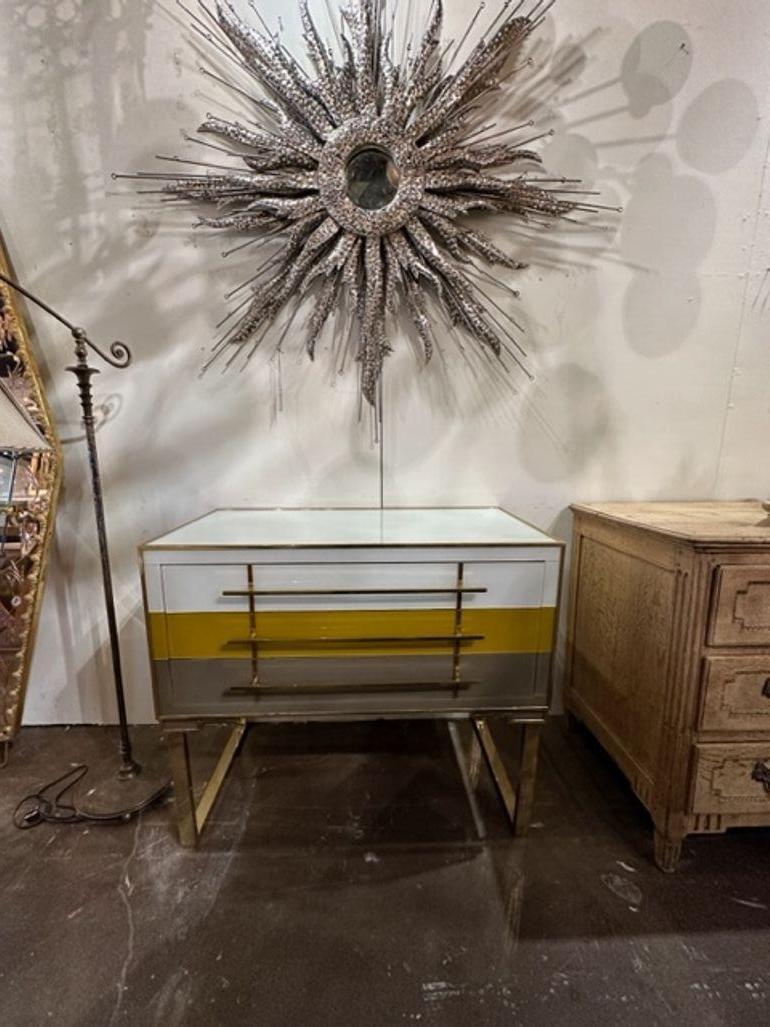 Modern Murano glass and brass designer multi-color bed side table. Perfect for todays eclectic designs.