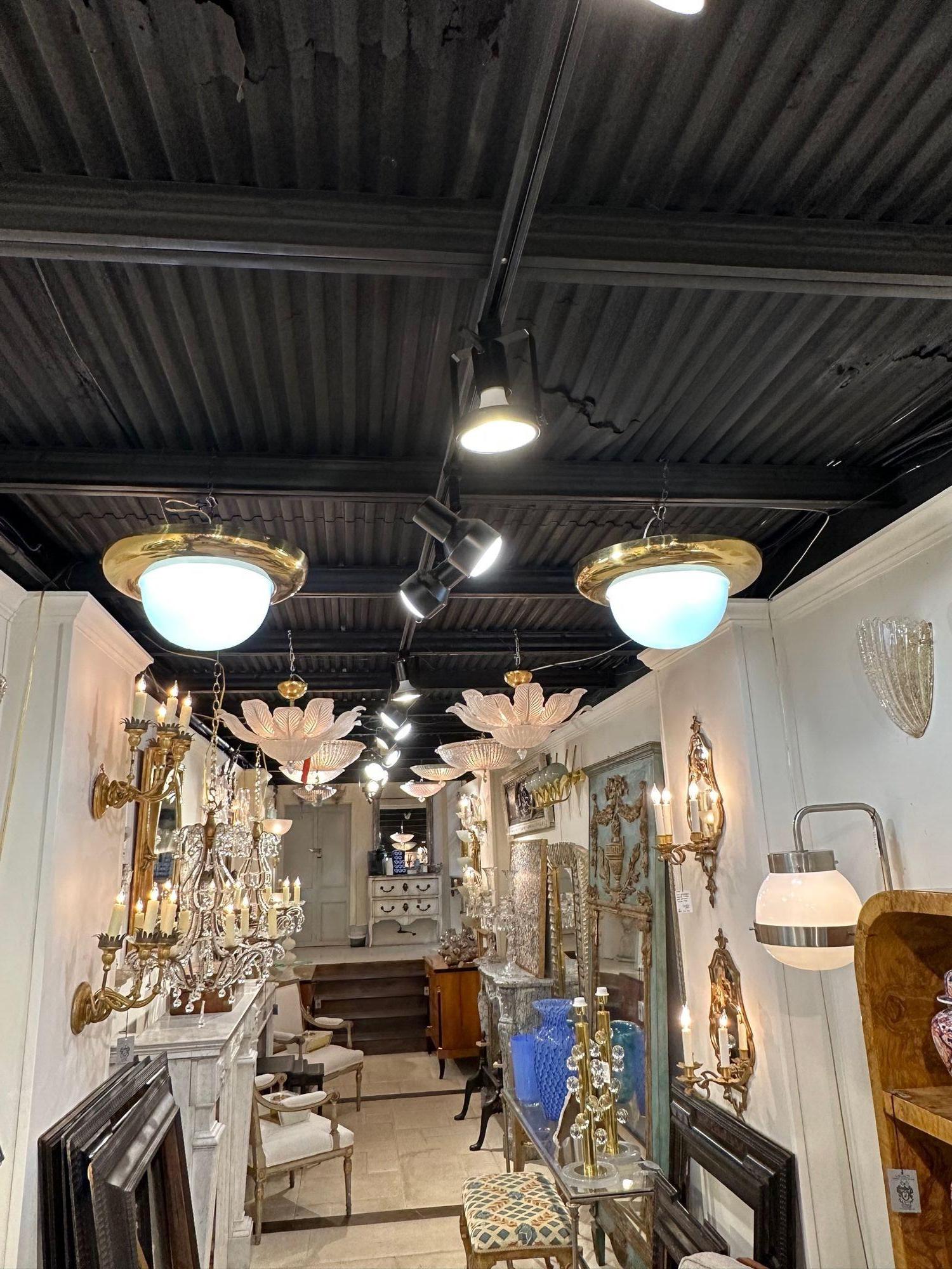 Murano glass and brass dome light flush mount, circa 1960. Perfect for todays eclectic designs!.