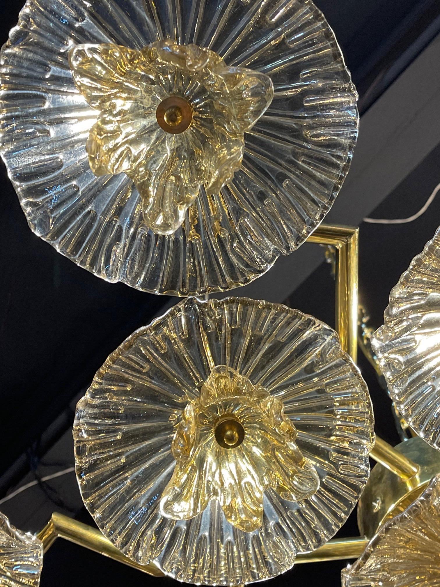 Murano Glass and Brass Flower Form Flush Mount Chandelier In Good Condition For Sale In Dallas, TX