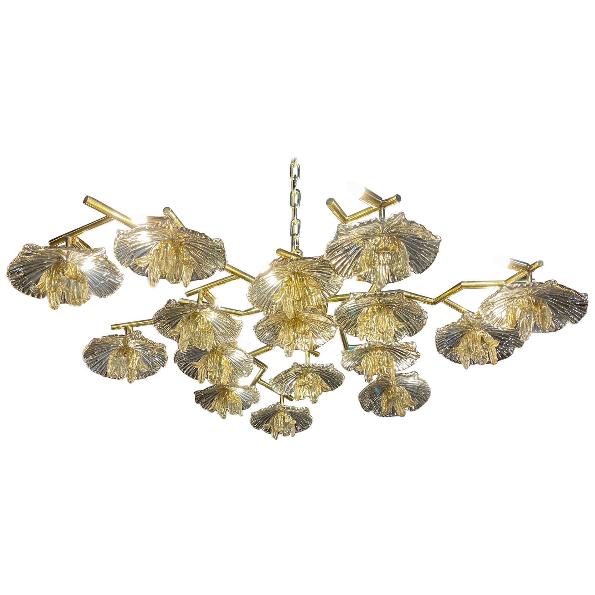 Murano Glass and Brass Flower Form Flush Mount Chandelier For Sale