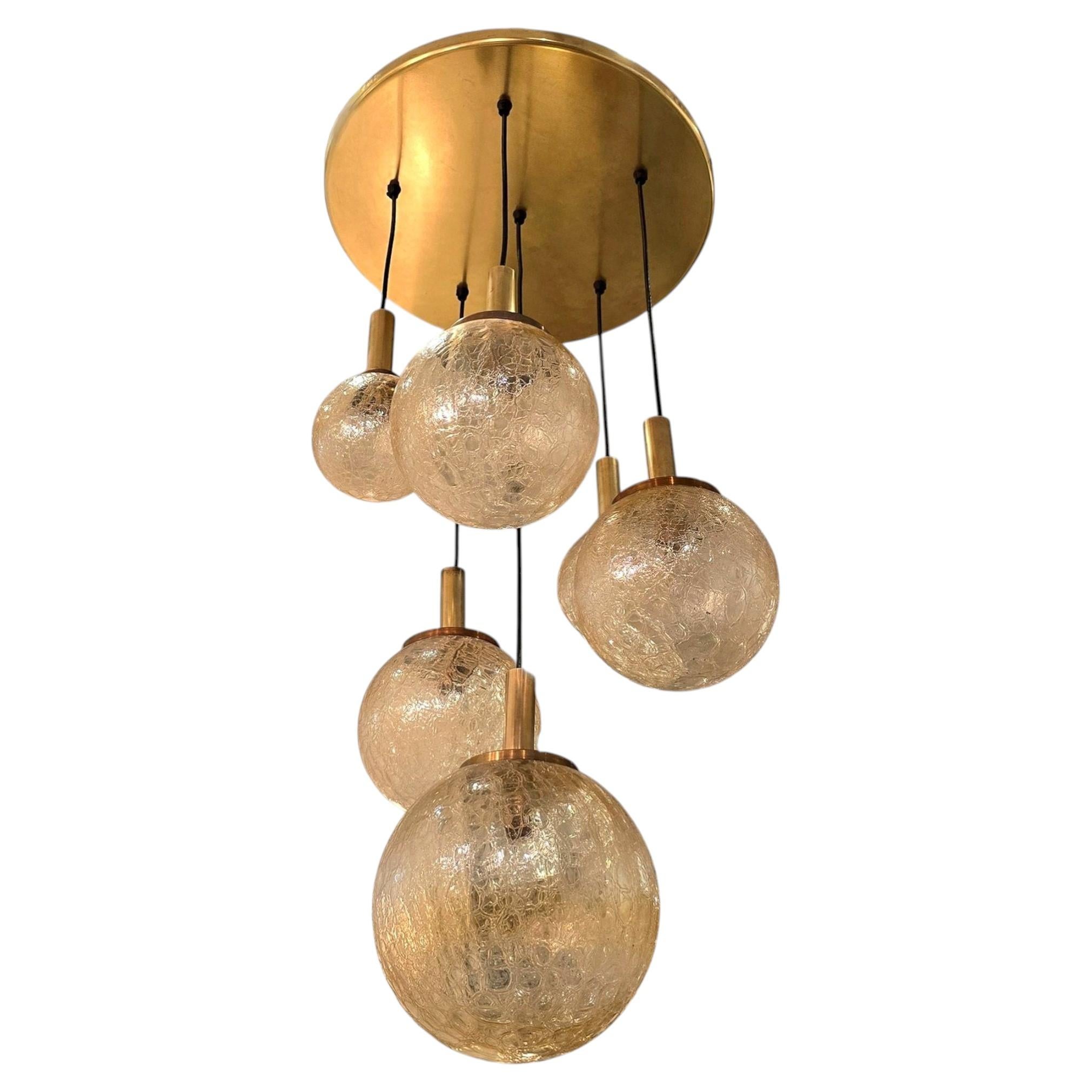 Mid-Century Modern Murano Glass and Brass Chandelier, Italy, 1970s