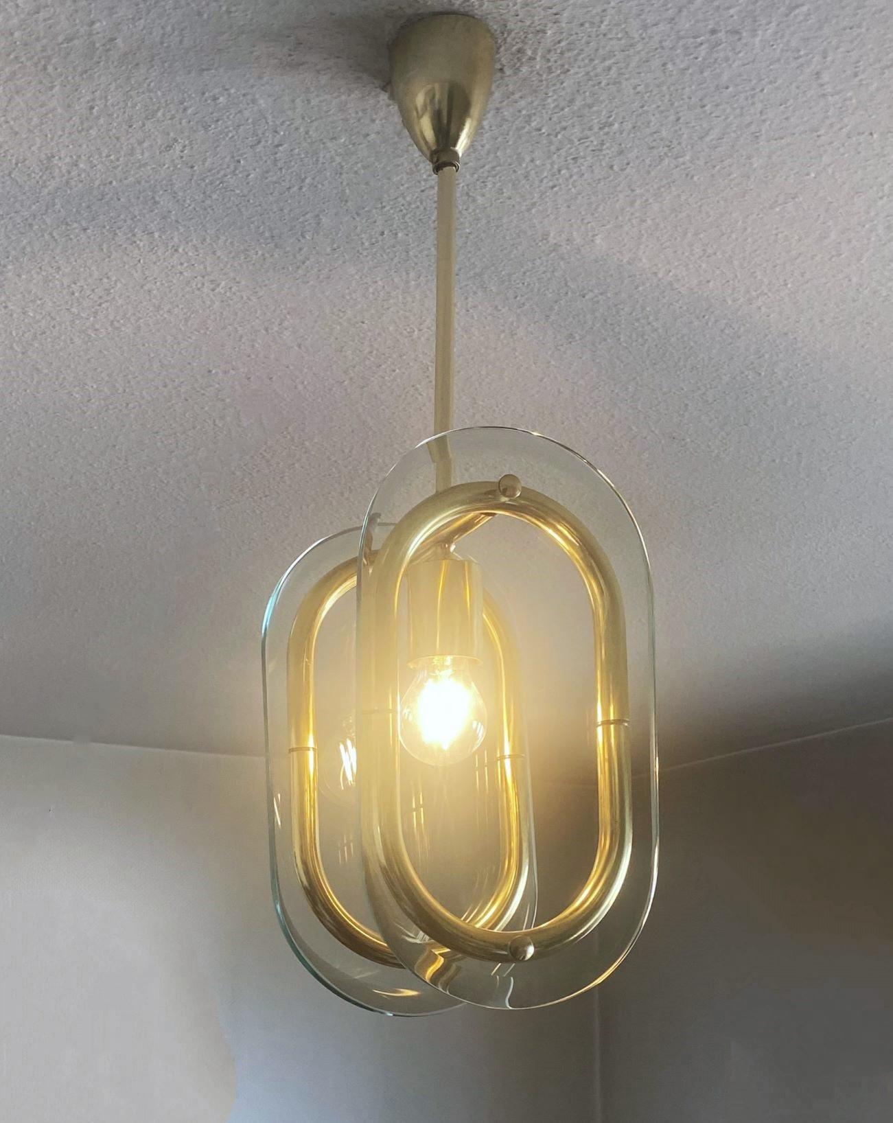 Murano Glass and Brass Pendant Attributed to Fontana Arte, Italy, 1950 For Sale 2