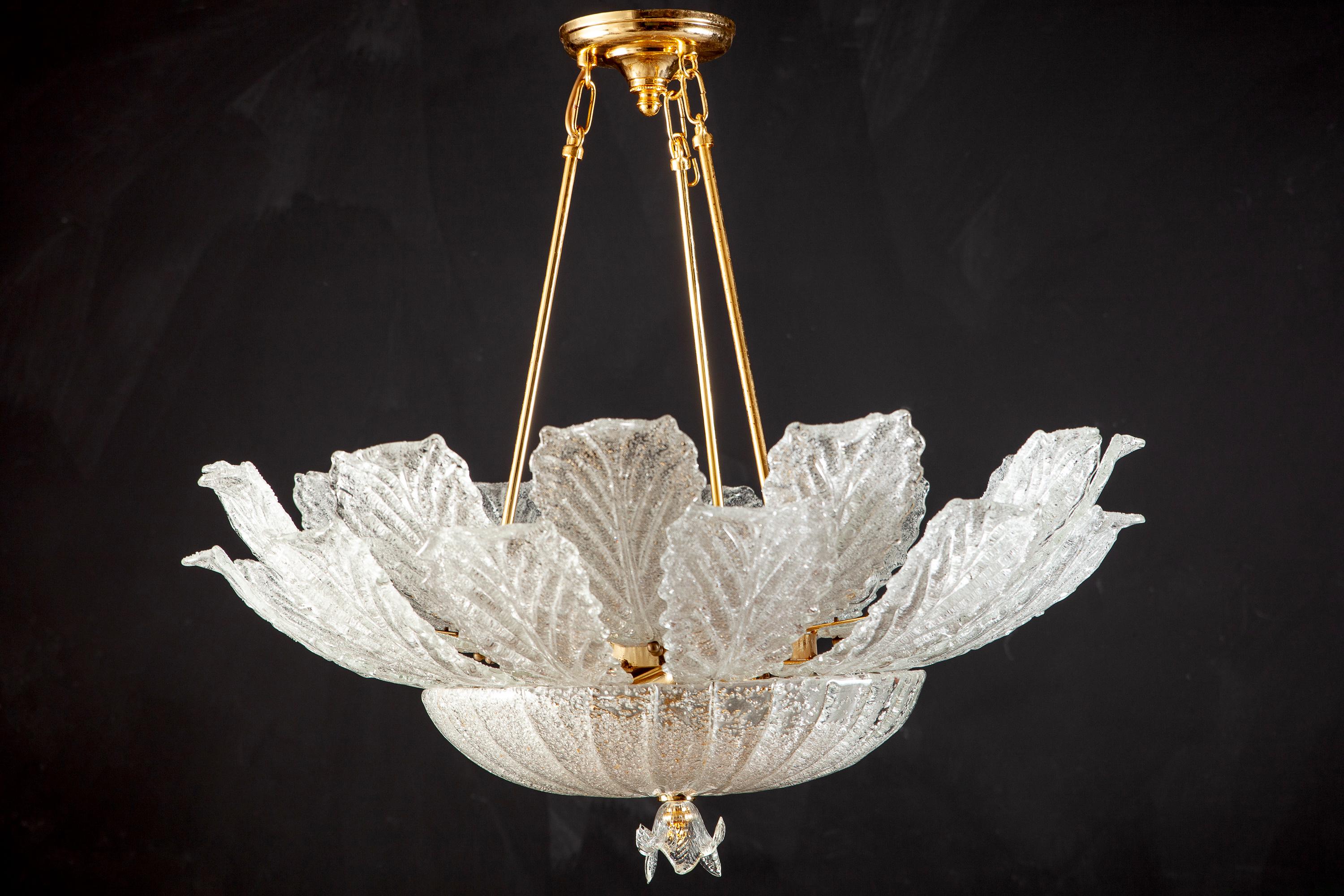 Late 20th Century Murano Glass and Brass Ice Color Ceiling Light Venice 1980