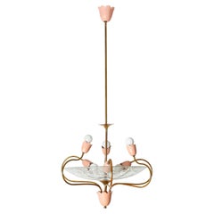 Murano Glass and Brass Italian Pink Bell Chandelier, Arredoluce Style, 1950s