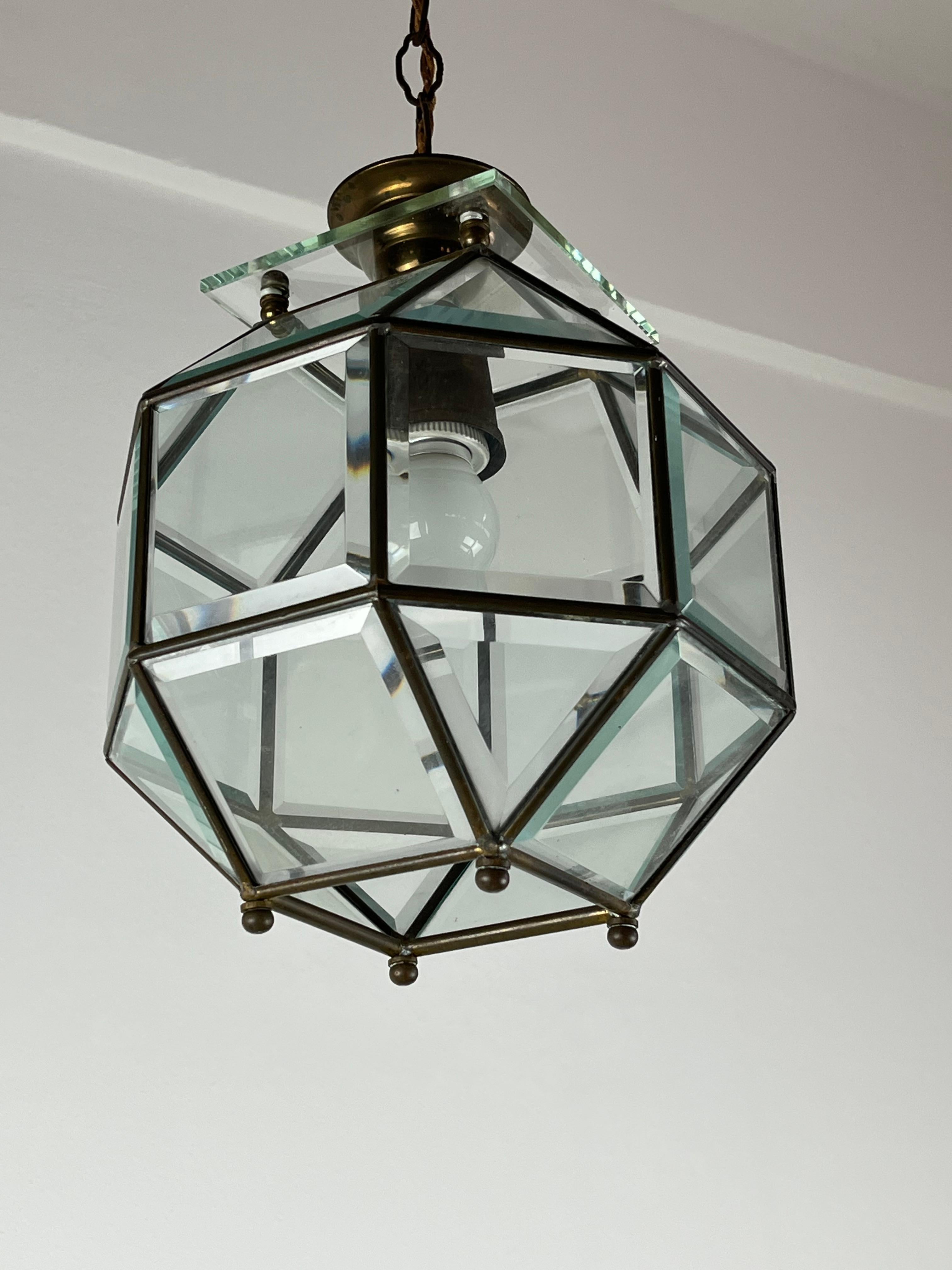 Mid-20th Century Murano Glass and Brass Lantern Chandelier Attributed to Fontana Arte, Italy, '50 For Sale