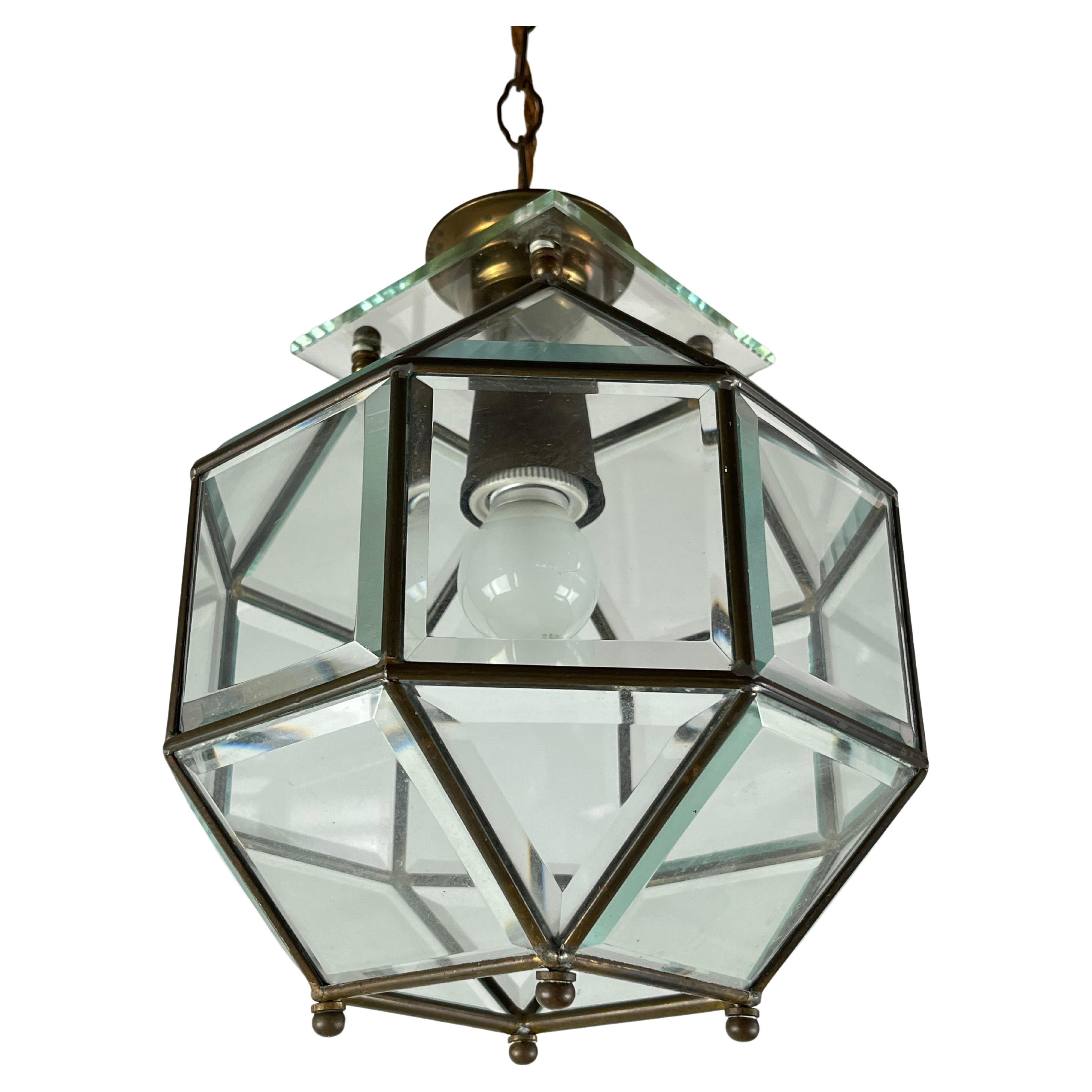 Lustre-lanterne en verre de Murano et laiton Attribué à Fontana Arte, Italie, années 50