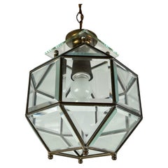 Vintage Murano Glass and Brass Lantern Chandelier Attributed to Fontana Arte, Italy, '50