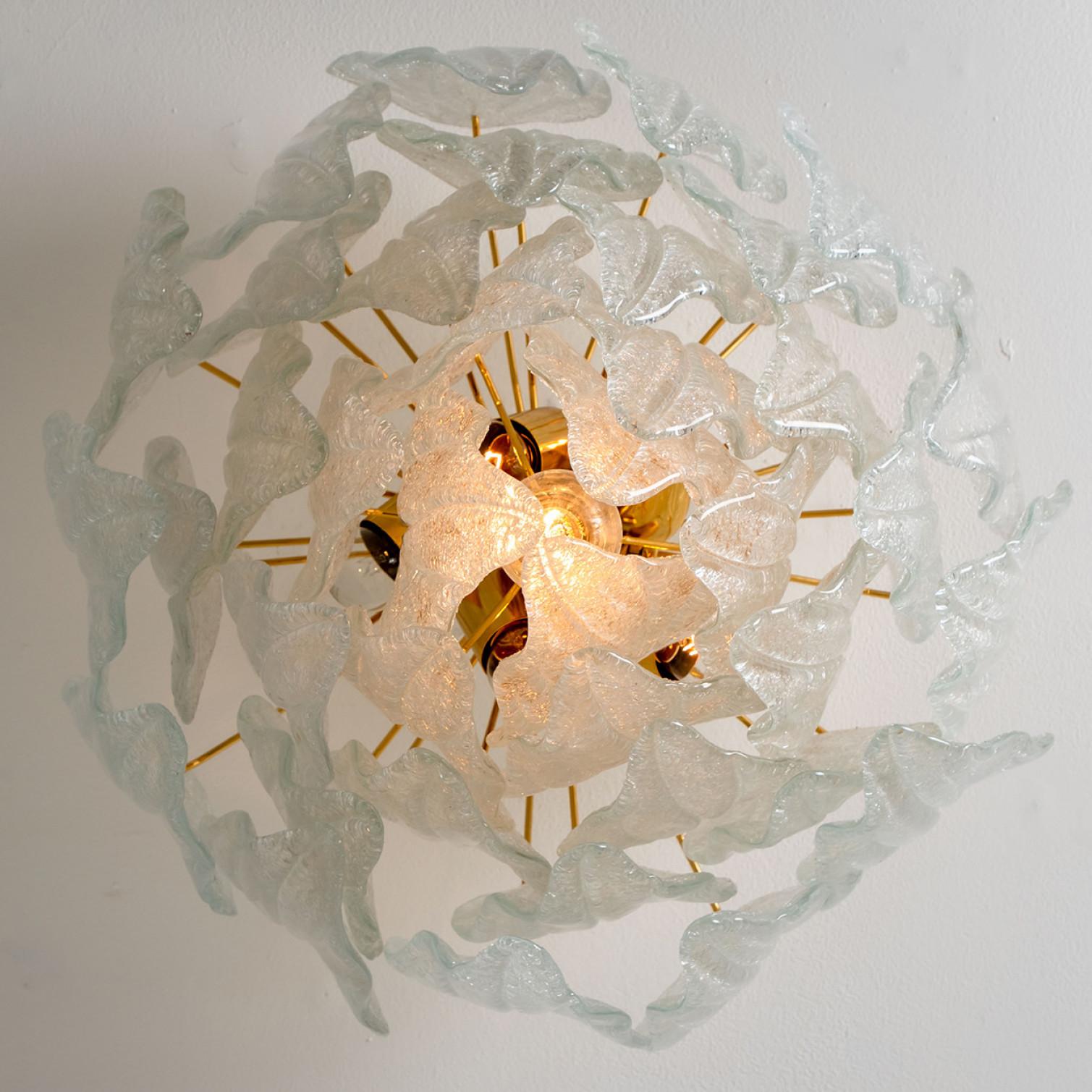 Murano Glass and Brass Leaf Flush Mount Chandelier, Italy, 1970 For Sale 3