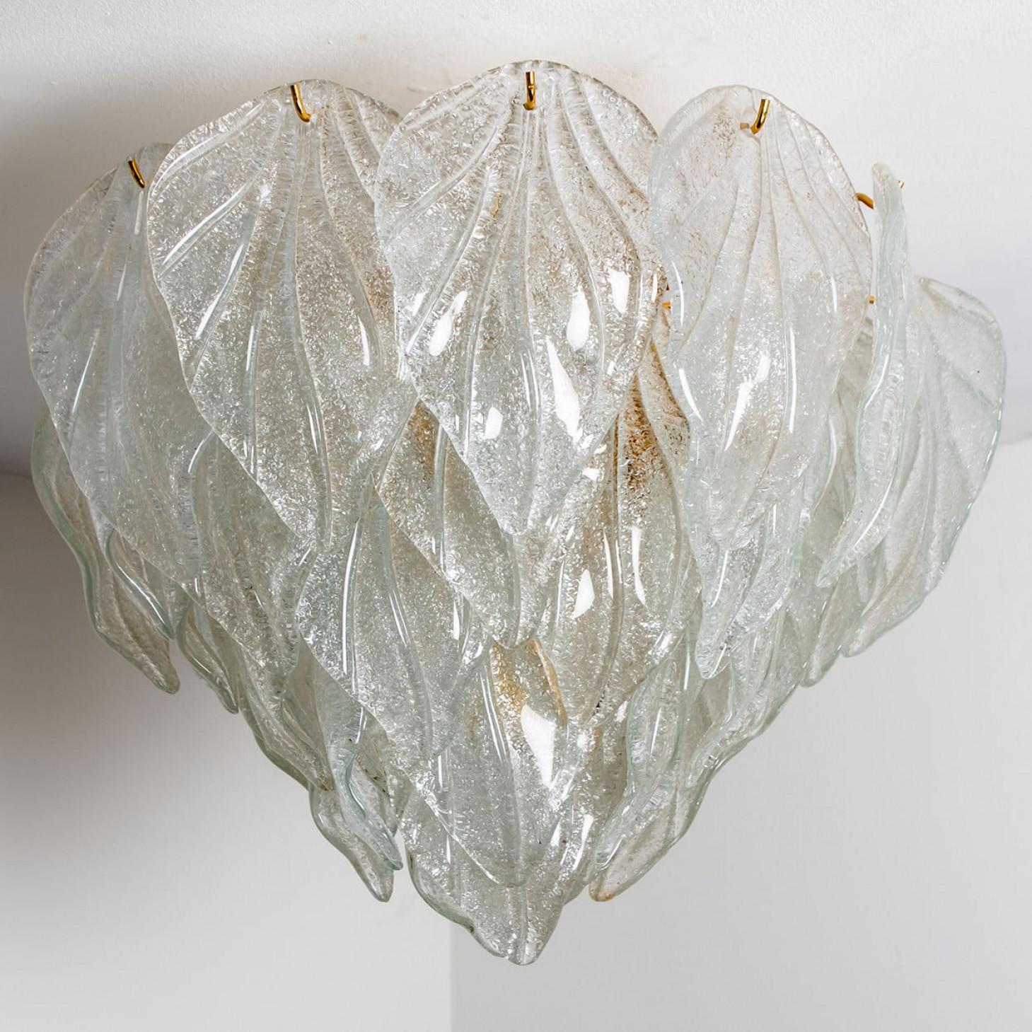 Murano Glass and Brass Leaf Flush Mount Chandelier, Italy, 1970 For Sale 3