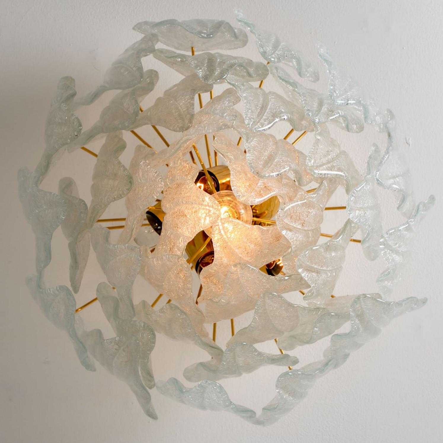 Murano Glass and Brass Leaf Flush Mount Chandelier, Italy, 1970 For Sale 4