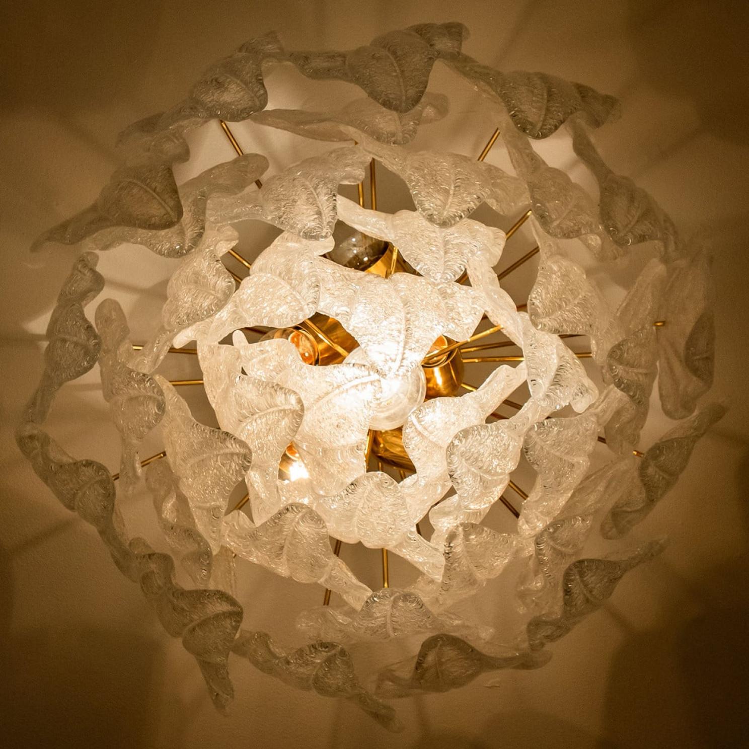 Murano Glass and Brass Leaf Flush Mount Chandelier, Italy, 1970 For Sale 7